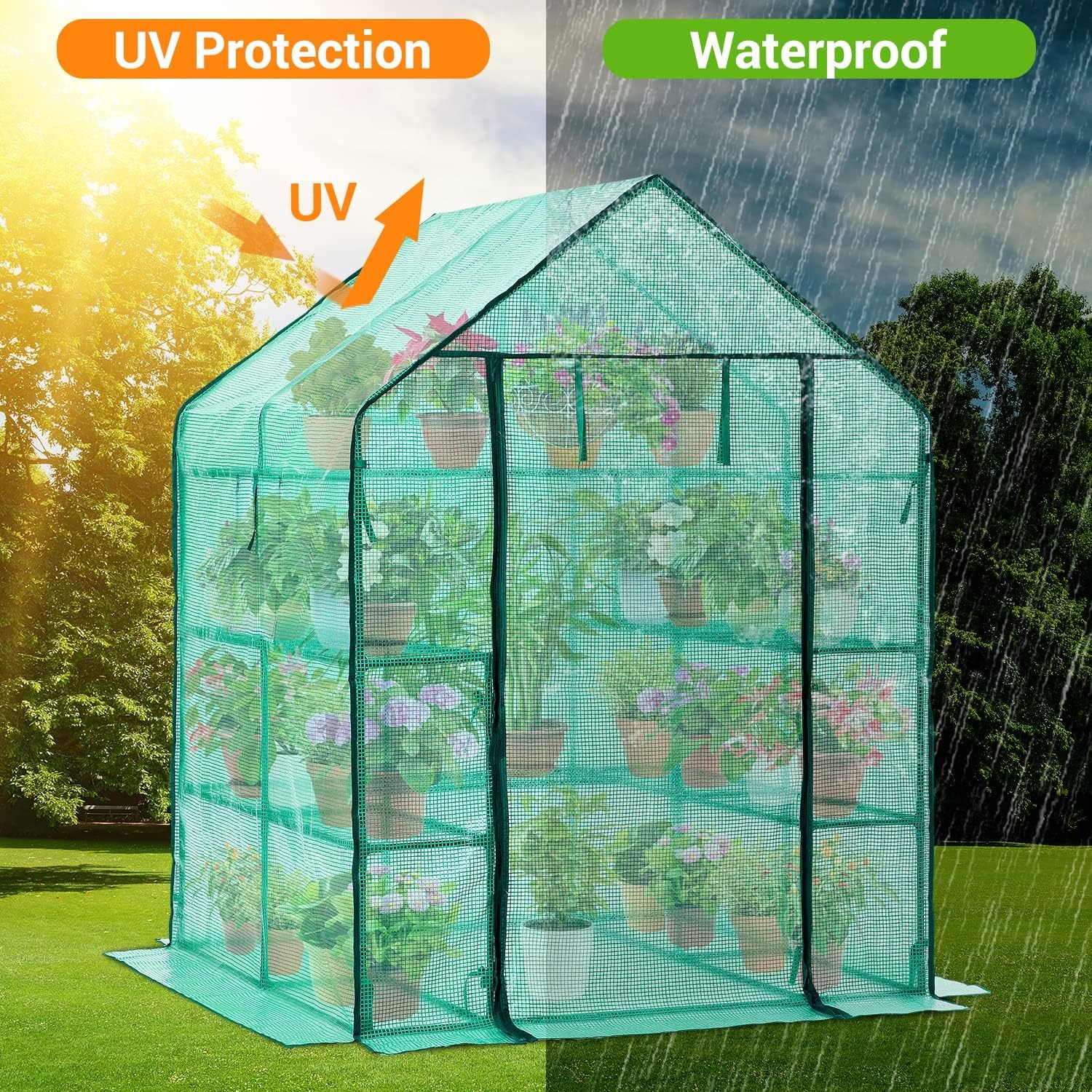 image:imageOhuhu Greenhouse for Outdoors with Mesh Side Windows 3 Tiers 4 Shelves Small WalkIn Green House Plant Stands Plastic PE Cover Outside Portable Warm House for Seedling Flowers Growing 48x25x64 FTGreen