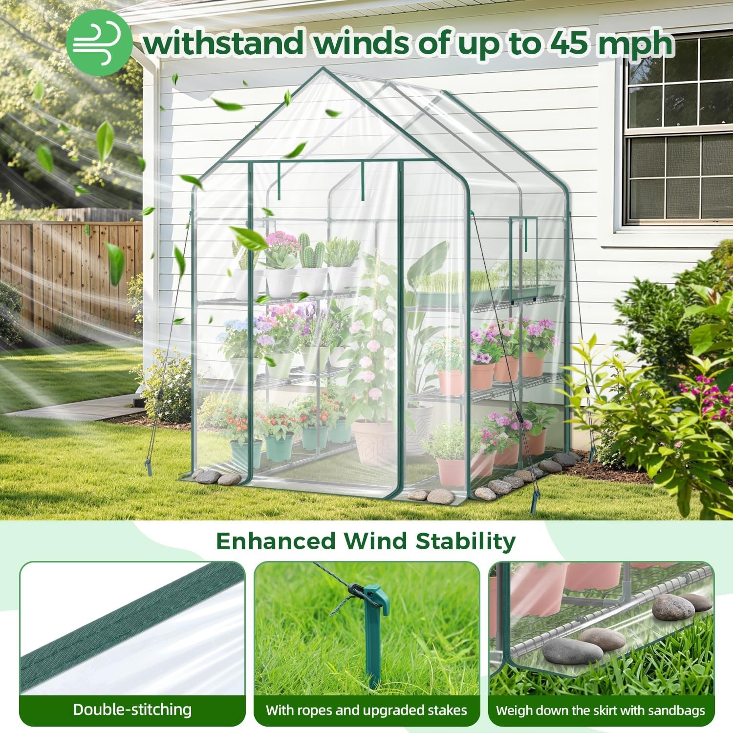 image:imageOhuhu Greenhouse for Outdoors with Mesh Side Windows 3 Tiers 4 Shelves Small WalkIn Green House Plant Stands Plastic PE Cover Outside Portable Warm House for Seedling Flowers Growing 48x25x64 FTClear