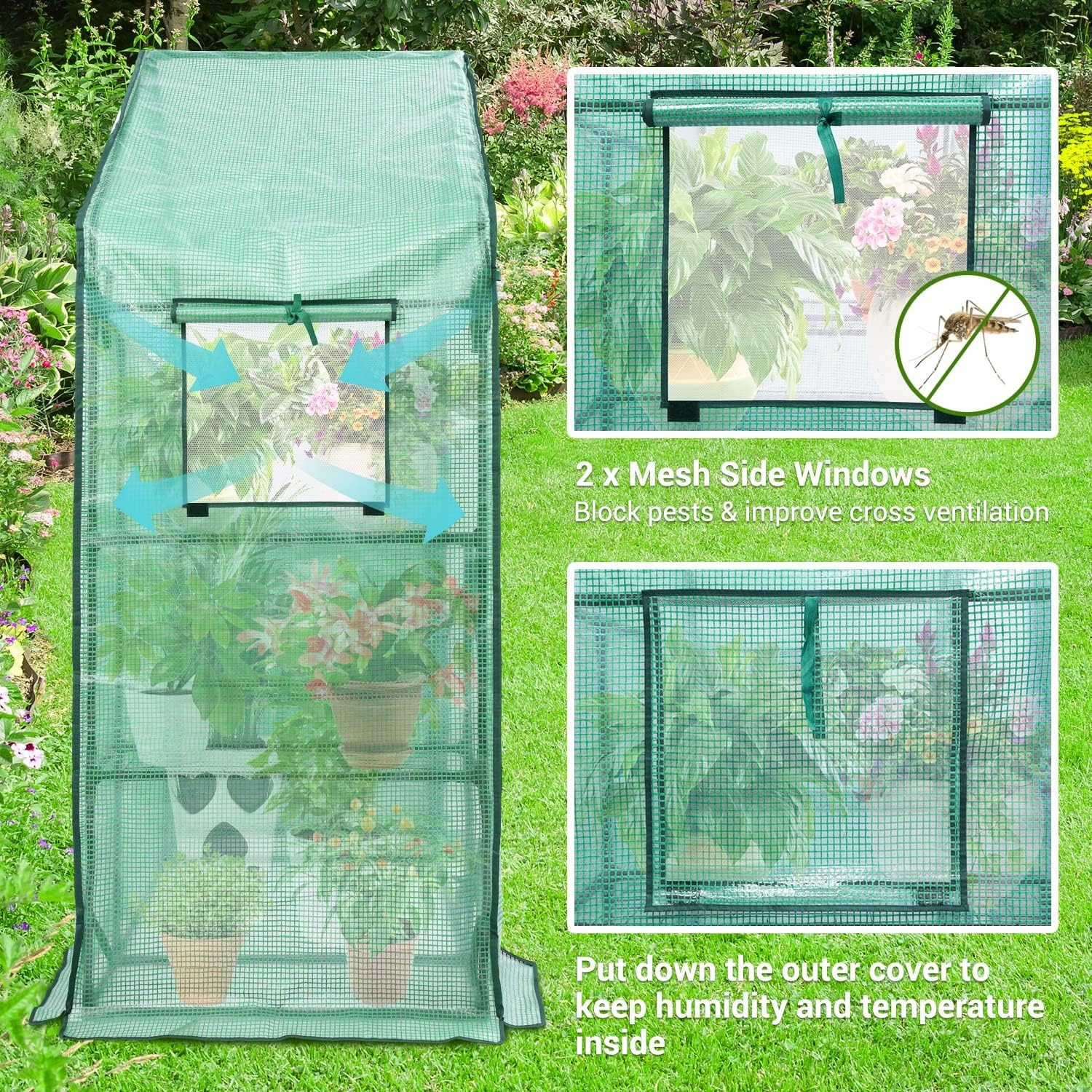 image:imageOhuhu Greenhouse for Outdoors with Mesh Side Windows 3 Tiers 4 Shelves Small WalkIn Green House Plant Stands Plastic PE Cover Outside Portable Warm House for Seedling Flowers Growing 48x25x64 FTGreen