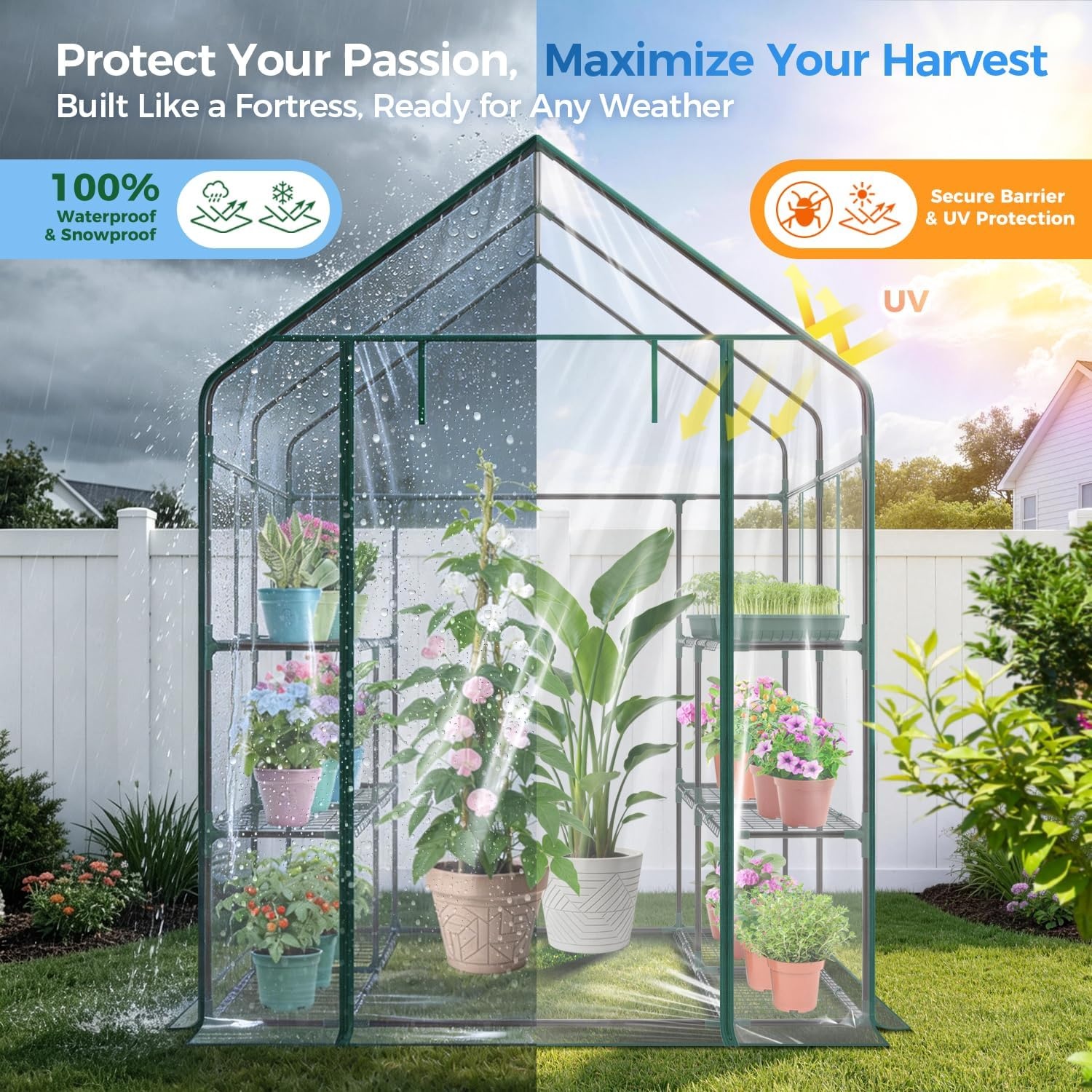 image:imageOhuhu Greenhouse for Outdoors with Mesh Side Windows 3 Tiers 4 Shelves Small WalkIn Green House Plant Stands Plastic PE Cover Outside Portable Warm House for Seedling Flowers Growing 48x25x64 FTClear