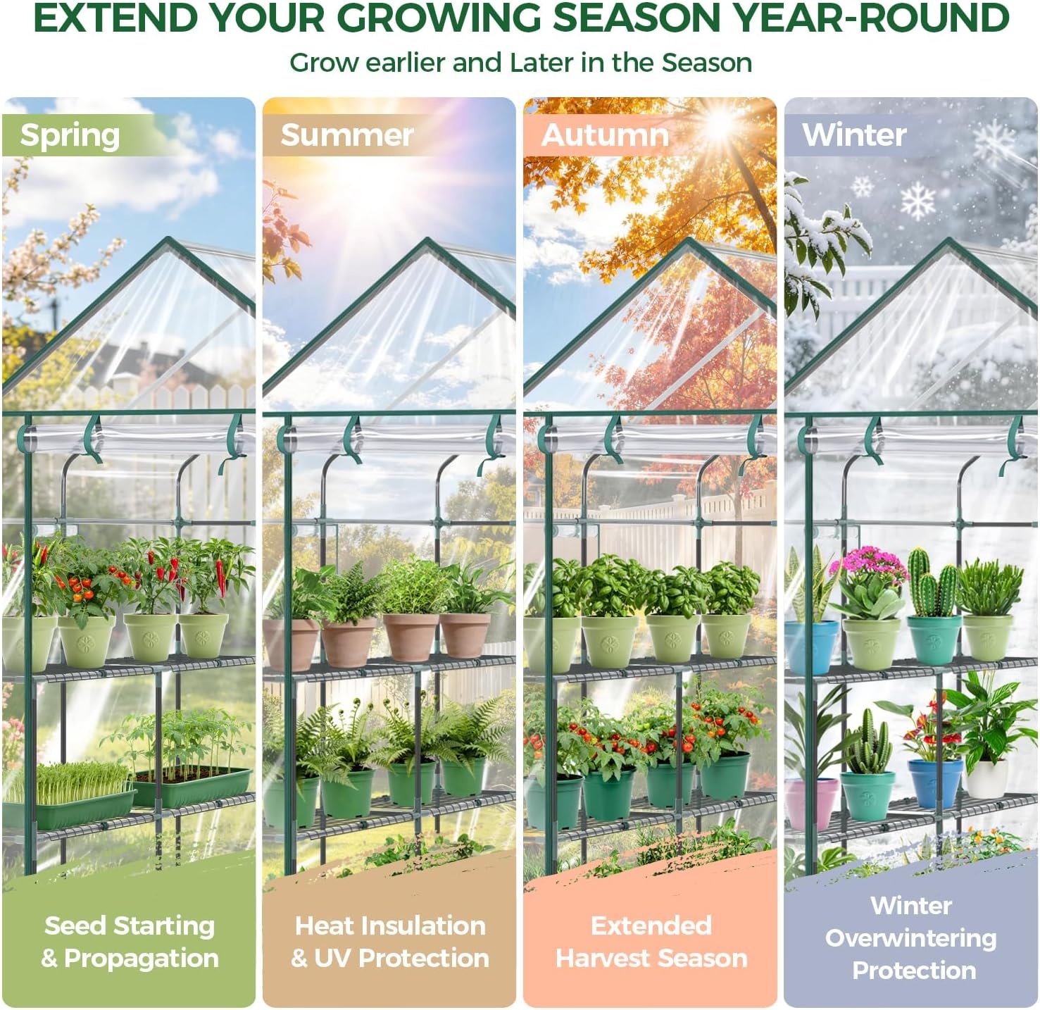image:imageOhuhu Greenhouse for Outdoors with Mesh Side Windows 3 Tiers 4 Shelves Small WalkIn Green House Plant Stands Plastic PE Cover Outside Portable Warm House for Seedling Flowers Growing 48x25x64 FTClear