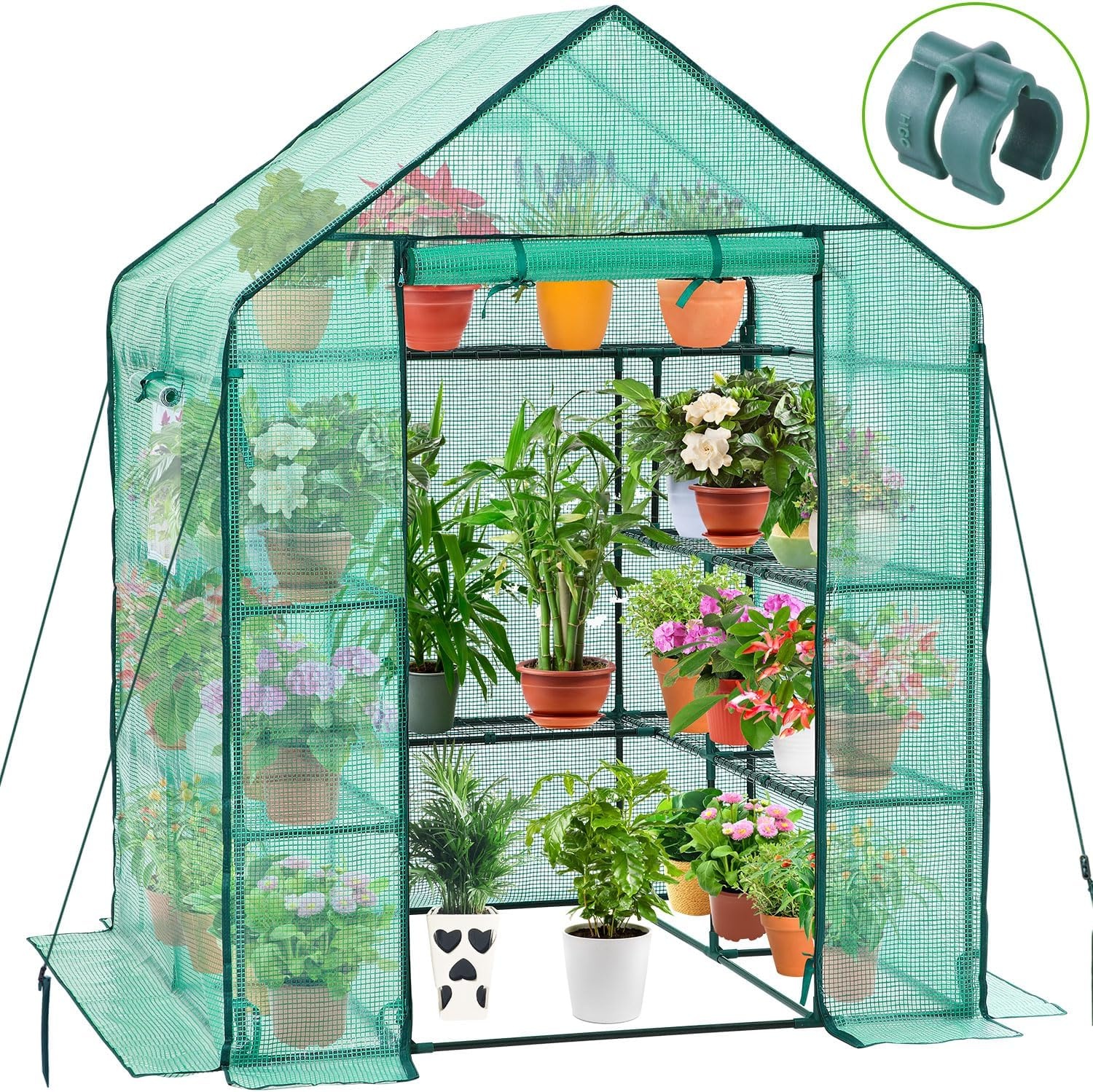 image:imageOhuhu Greenhouse for Outdoors with Mesh Side Windows 3 Tiers 4 Shelves Small WalkIn Green House Plant Stands Plastic PE Cover Outside Portable Warm House for Seedling Flowers Growing 48x25x64 FTGreen