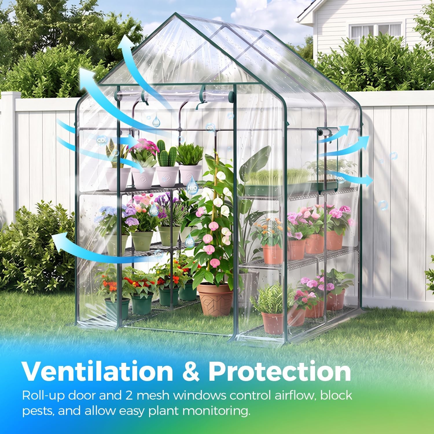 image:imageOhuhu Greenhouse for Outdoors with Mesh Side Windows 3 Tiers 4 Shelves Small WalkIn Green House Plant Stands Plastic PE Cover Outside Portable Warm House for Seedling Flowers Growing 48x25x64 FTClear