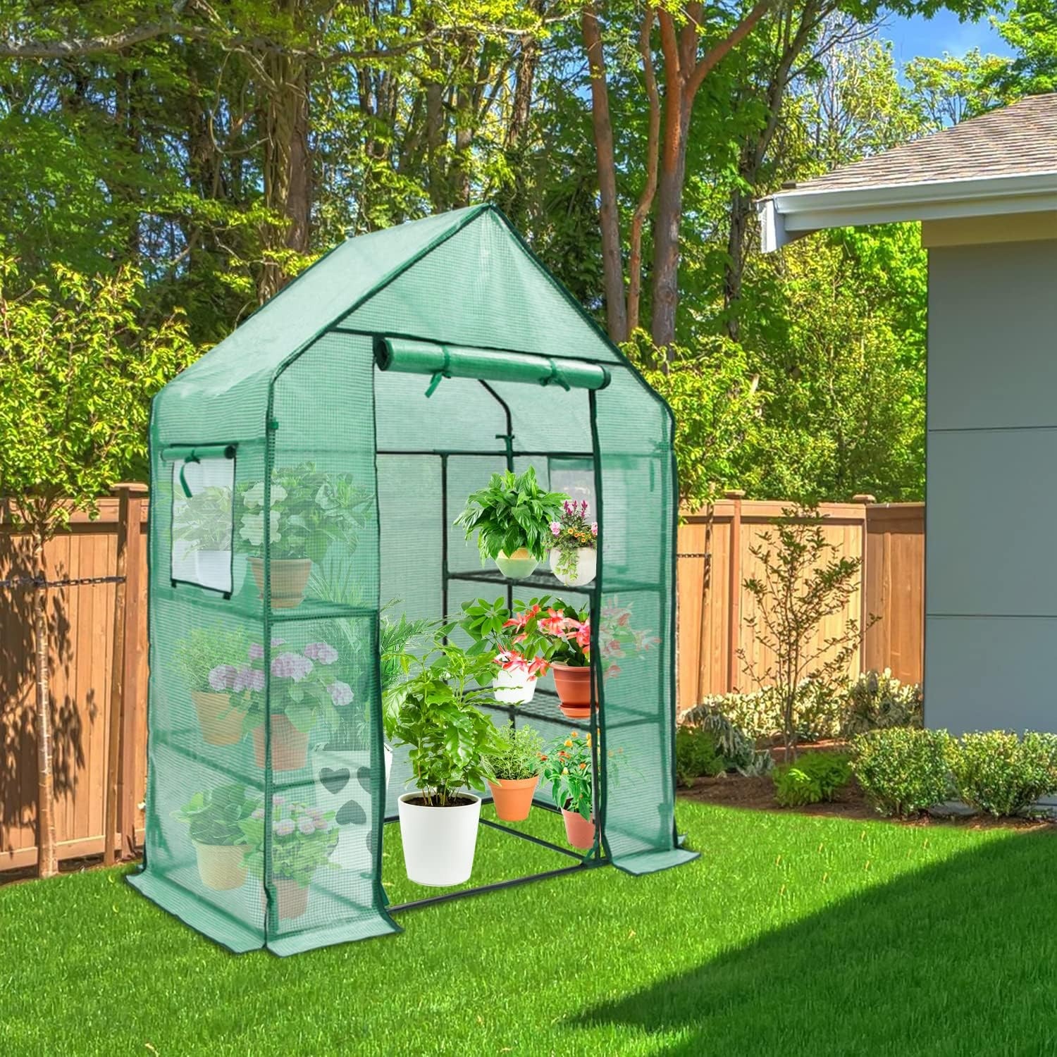 image:imageOhuhu Greenhouse for Outdoors with Mesh Side Windows 3 Tiers 4 Shelves Small WalkIn Green House Plant Stands Plastic PE Cover Outside Portable Warm House for Seedling Flowers Growing 48x25x64 FTGreen