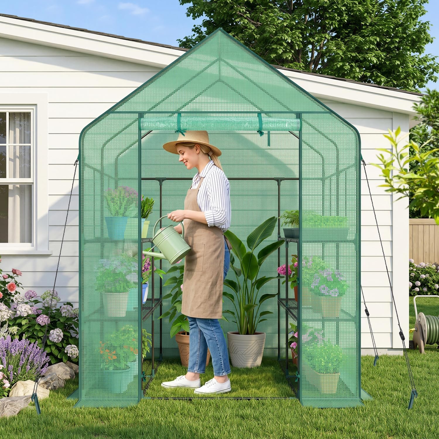 image:imageOhuhu Greenhouse for Outdoors with Mesh Side Windows 3 Tiers 4 Shelves Small WalkIn Green House Plant Stands Plastic PE Cover Outside Portable Warm House for Seedling Flowers Growing 48x25x64 FTGreen