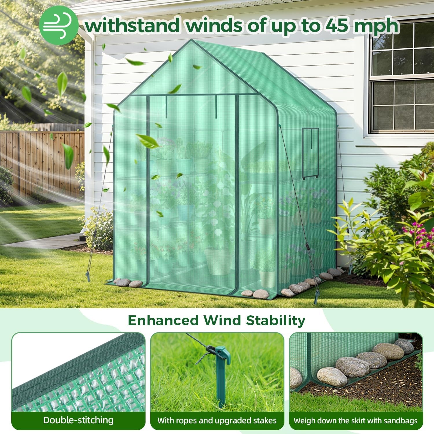 image:imageOhuhu Greenhouse for Outdoors with Mesh Side Windows 3 Tiers 4 Shelves Small WalkIn Green House Plant Stands Plastic PE Cover Outside Portable Warm House for Seedling Flowers Growing 48x25x64 FTGreen