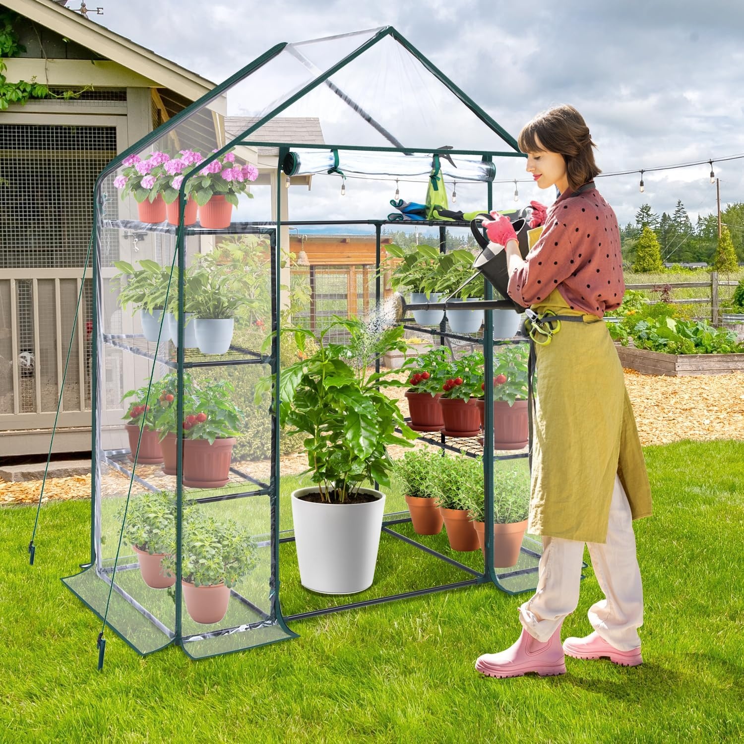 image:imageOhuhu Greenhouse for Outdoors with Mesh Side Windows 3 Tiers 4 Shelves Small WalkIn Green House Plant Stands Plastic PE Cover Outside Portable Warm House for Seedling Flowers Growing 48x25x64 FTClear
