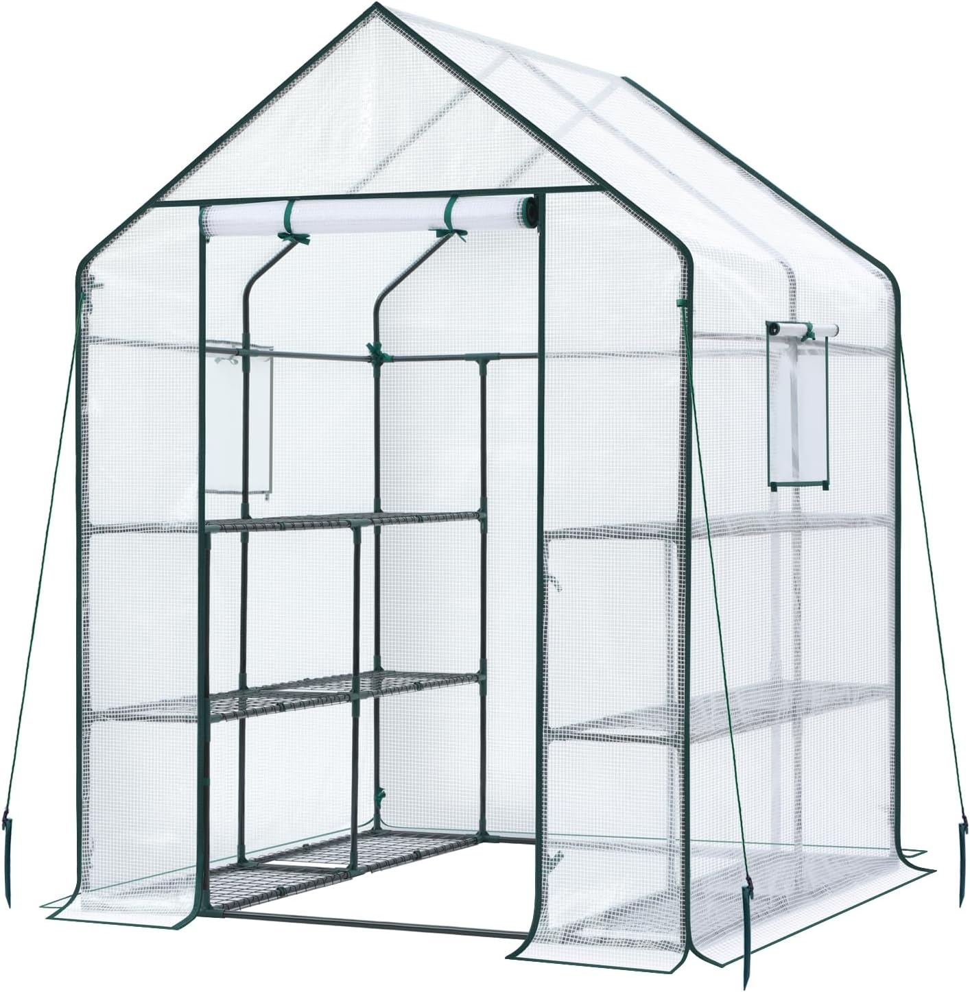 image:imageOhuhu Greenhouse for Outdoors with Mesh Side Windows 3 Tiers 4 Shelves Small WalkIn Green House Plant Stands Plastic PE Cover Outside Portable Warm House for Seedling Flowers Growing 48x25x64 FTWhite