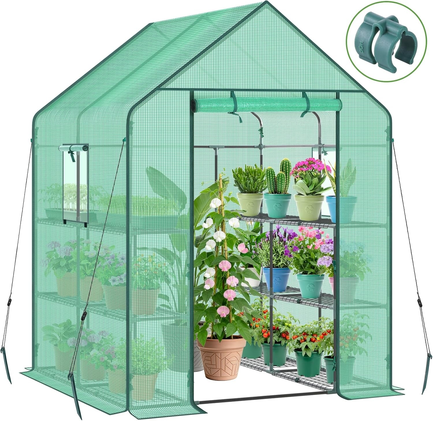 image:imageOhuhu Greenhouse for Outdoors with Mesh Side Windows 3 Tiers 4 Shelves Small WalkIn Green House Plant Stands Plastic PE Cover Outside Portable Warm House for Seedling Flowers Growing 48x25x64 FTGreen