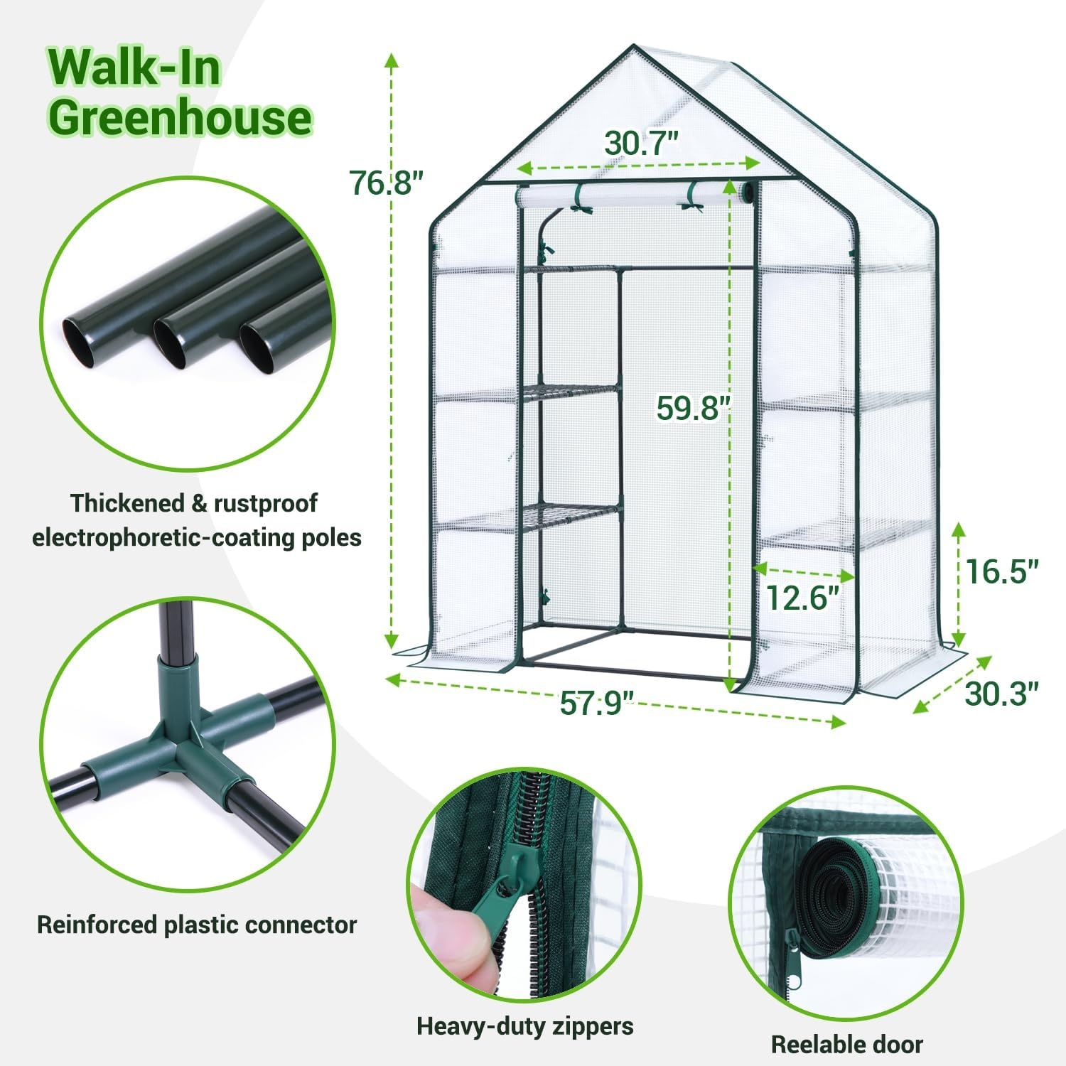 image:imageOhuhu Greenhouse for Outdoors with Mesh Side Windows 3 Tiers 4 Shelves Small WalkIn Green House Plant Stands Plastic PE Cover Outside Portable Warm House for Seedling Flowers Growing 48x25x64 FTWhite