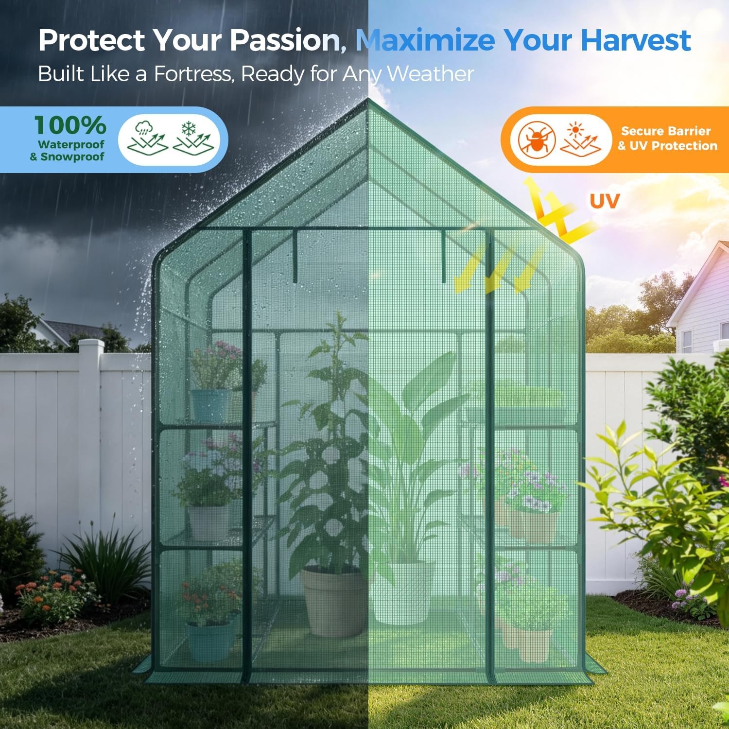 image:imageOhuhu Greenhouse for Outdoors with Mesh Side Windows 3 Tiers 4 Shelves Small WalkIn Green House Plant Stands Plastic PE Cover Outside Portable Warm House for Seedling Flowers Growing 48x25x64 FTGreen