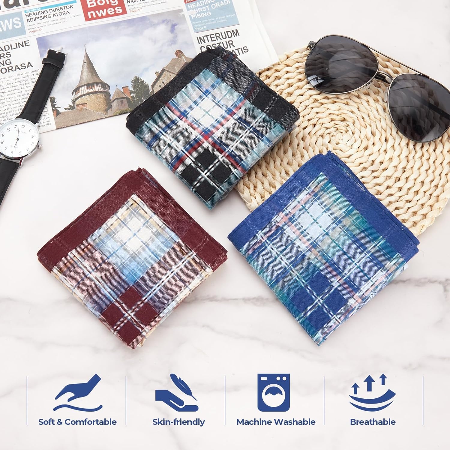 image:imageOhuhu Handkerchiefs for Men 12PCS 100 Cotton Classic Pocket Squares Set GiftBluebrowngray