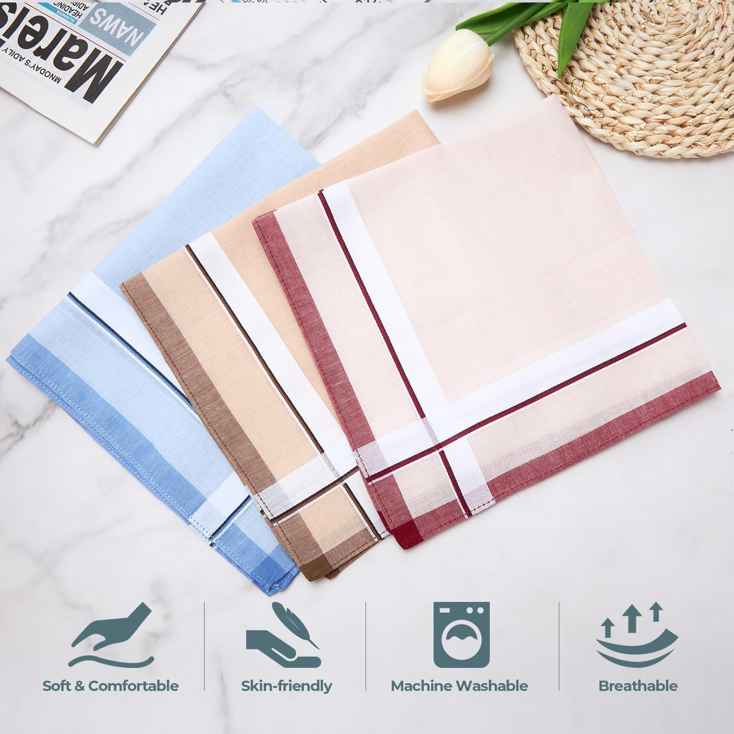 image:imageOhuhu Handkerchiefs for Men 12PCS 100 Cotton Classic Pocket Squares Set GiftBlueredbrown
