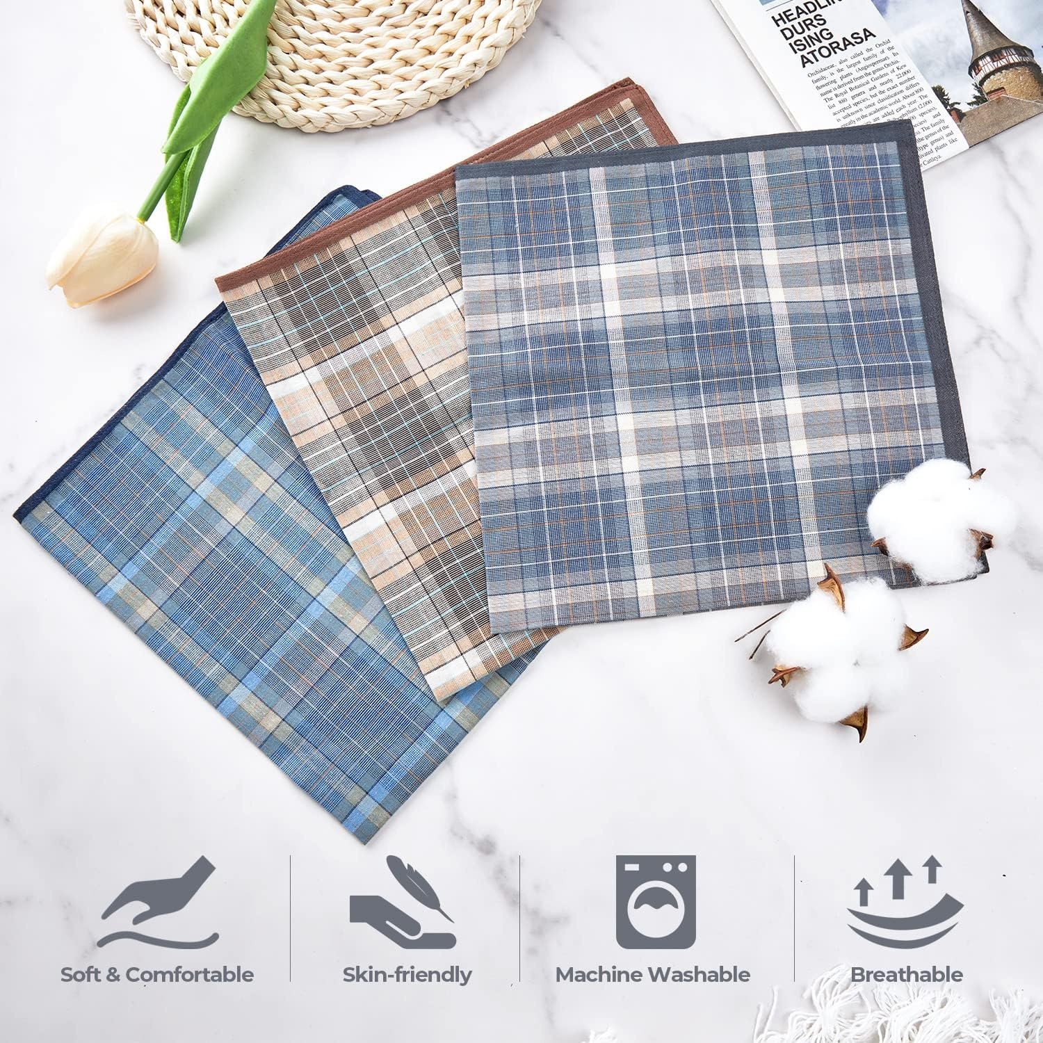 image:imageOhuhu Handkerchiefs for Men 12PCS 100 Cotton Classic Pocket Squares Set GiftLight Plaid 3 Colors