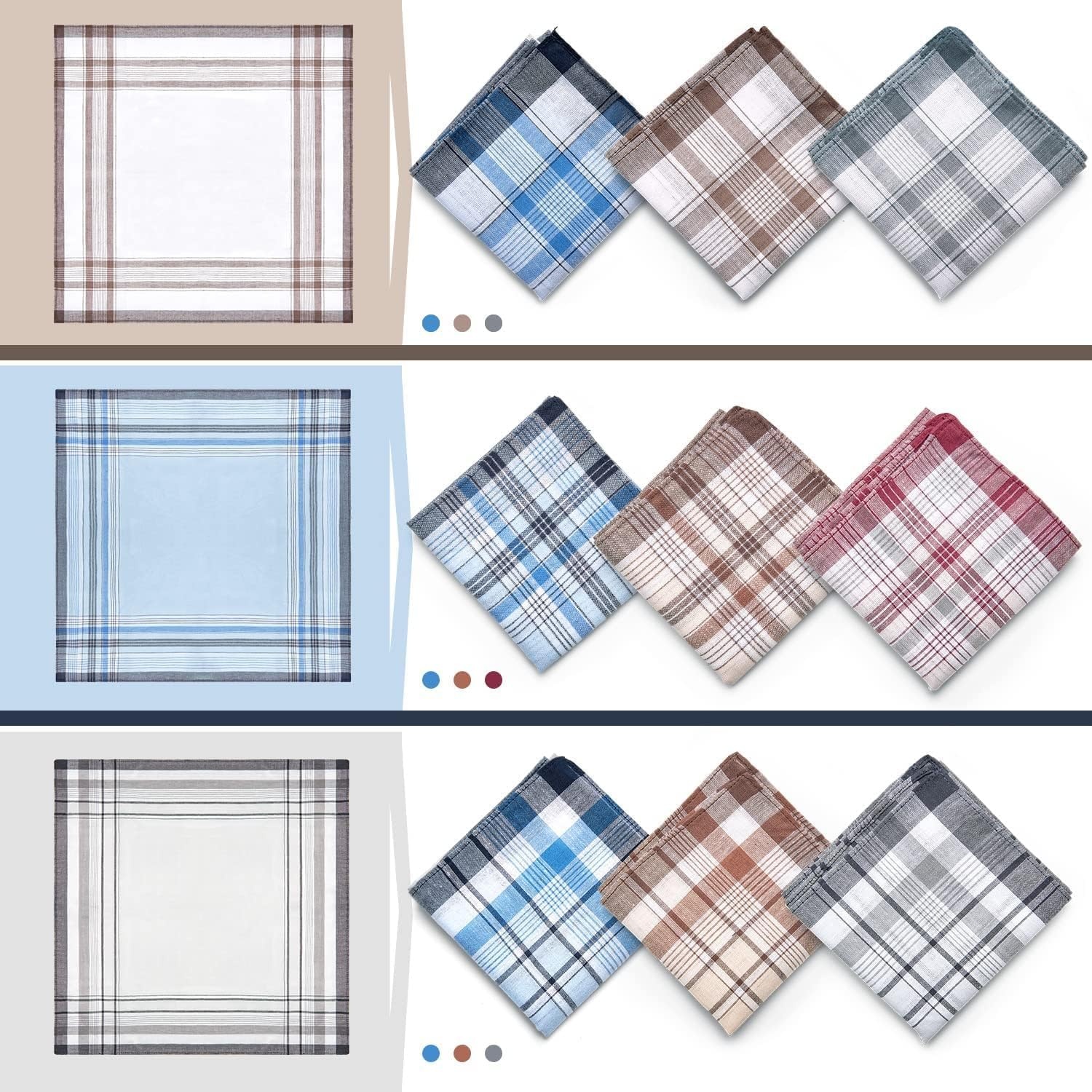 image:imageOhuhu Handkerchiefs for Men 12PCS 100 Cotton Classic Pocket Squares Set GiftRedbrownbluegray