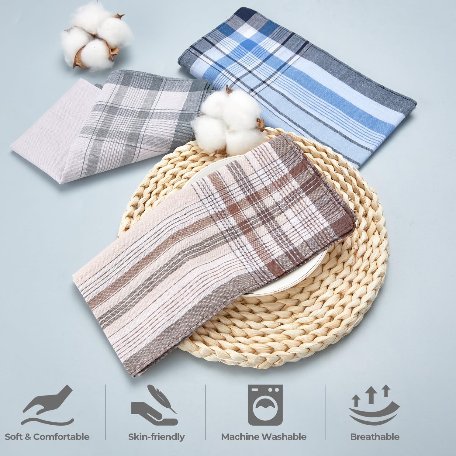 image:imageOhuhu Handkerchiefs for Men 12PCS 100 Cotton Classic Pocket Squares Set GiftRedbrownbluegray