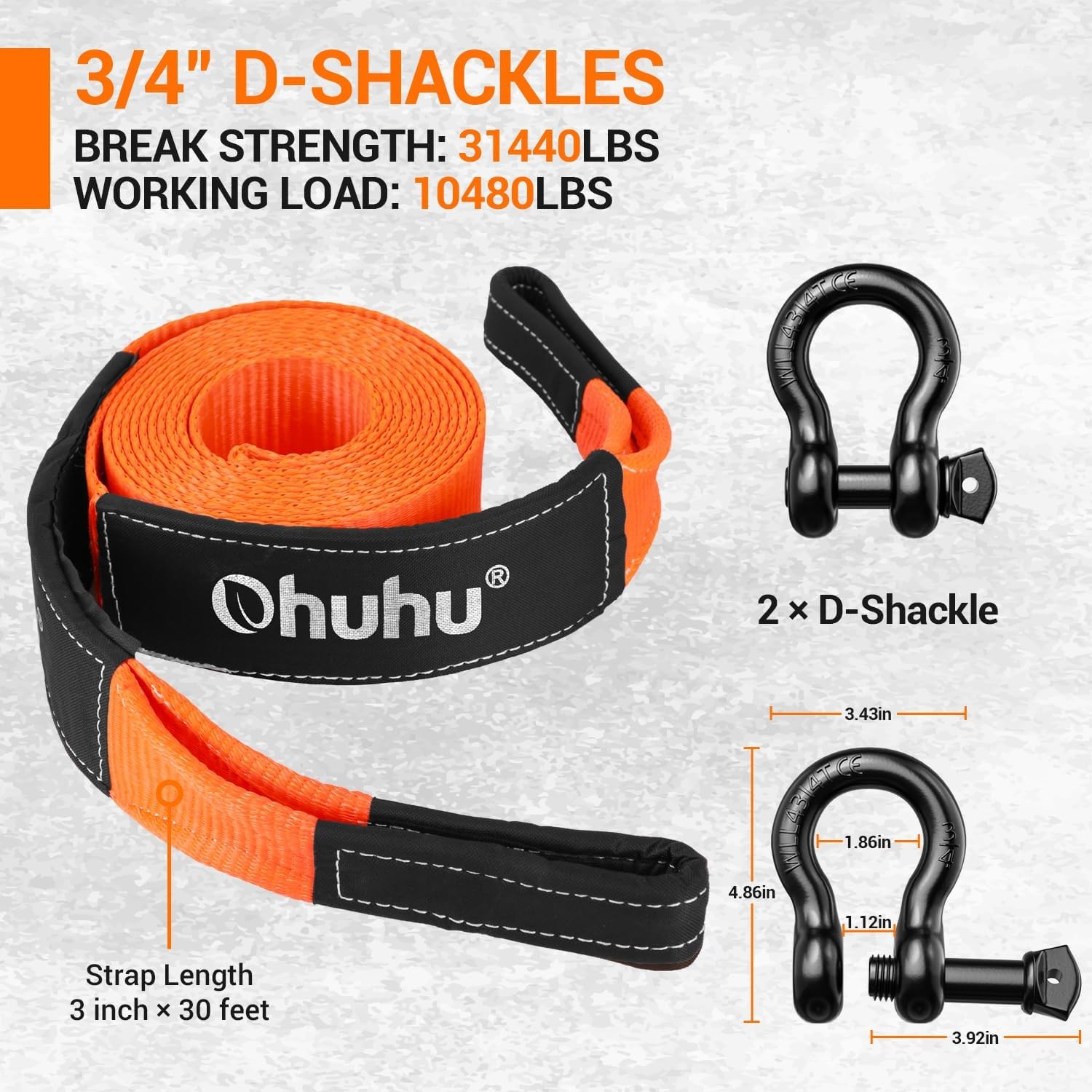 image:imageOhuhu Heavy Duty Tow Straps Recovery Kit 3 x 30ft 31944 lbs Break Strength Triple Reinforced Loop Protective Sleeves Tow Strap Heavy Duty with 34 DRing Shackles for Truck Jeep SUV ATV3 x 30ft