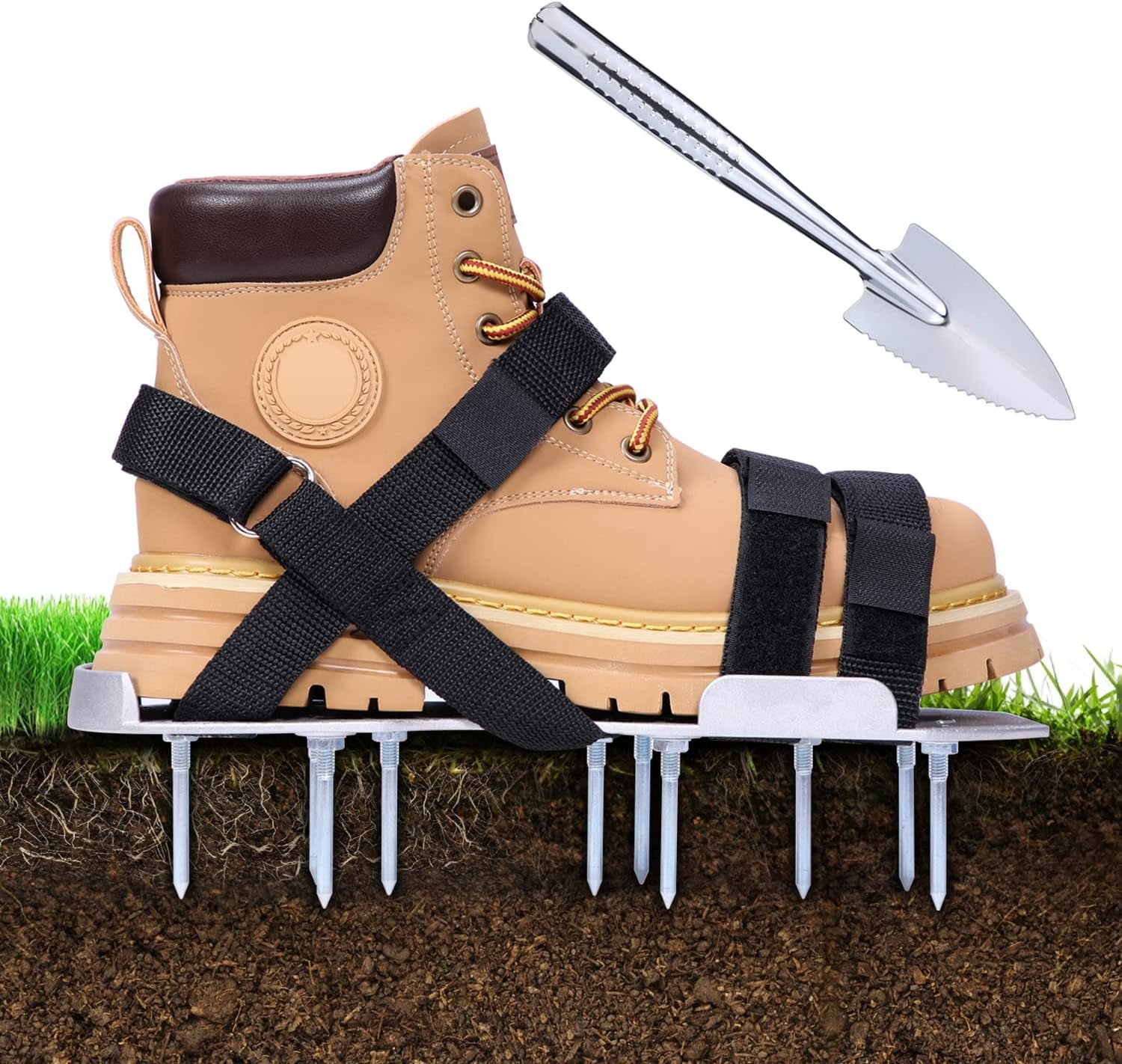 image:imageOhuhu Lawn Aerator Shoes with Stainless Steel Shovel FreeInstallation Aerating Shoe with HookampLoop Straps Heavy Duty OneSizeFitsAll Spiked Aerating Sandals for Garden GrassAluminum