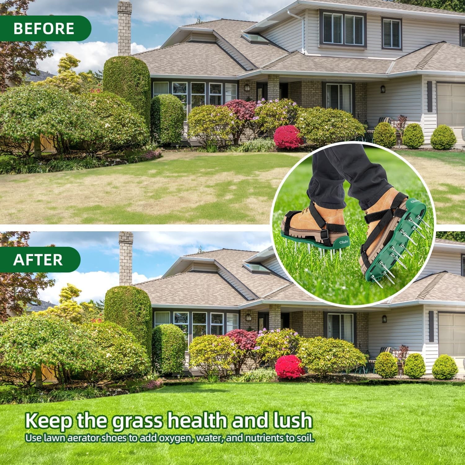 image:imageOhuhu Lawn Aerator Shoes with Stainless Steel Shovel FreeInstallation Aerating Shoe with HookampLoop Straps Heavy Duty OneSizeFitsAll Spiked Aerating Sandals for Garden Grassgreenblack