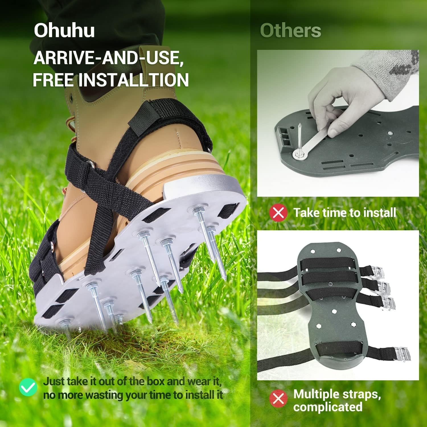 image:imageOhuhu Lawn Aerator Shoes with Stainless Steel Shovel FreeInstallation Aerating Shoe with HookampLoop Straps Heavy Duty OneSizeFitsAll Spiked Aerating Sandals for Garden GrassAluminum