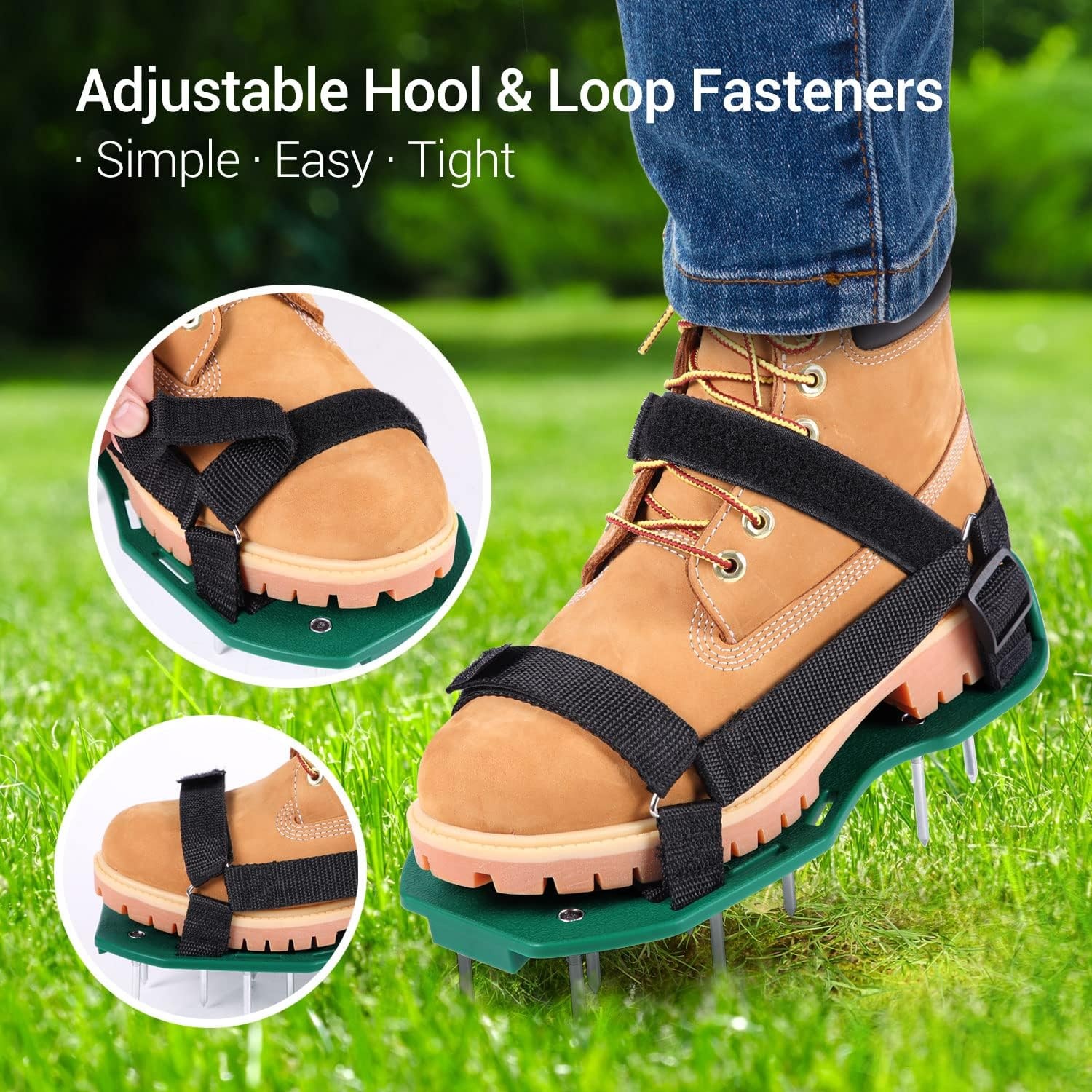 image:imageOhuhu Lawn Aerator Shoes with Stainless Steel Shovel FreeInstallation Aerating Shoe with HookampLoop Straps Heavy Duty OneSizeFitsAll Spiked Aerating Sandals for Garden Grassgreenblack