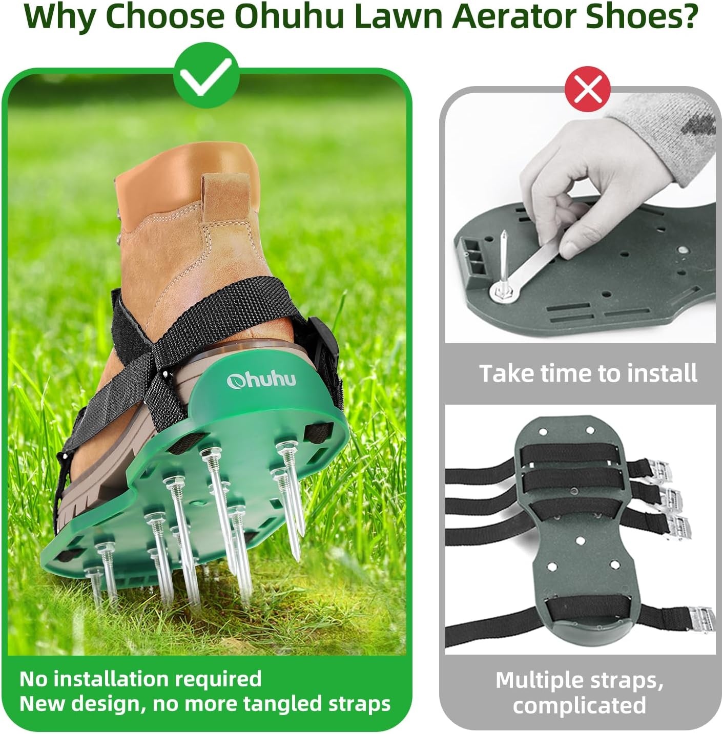 image:imageOhuhu Lawn Aerator Shoes with Stainless Steel Shovel FreeInstallation Aerating Shoe with HookampLoop Straps Heavy Duty OneSizeFitsAll Spiked Aerating Sandals for Garden Grassgreenblack