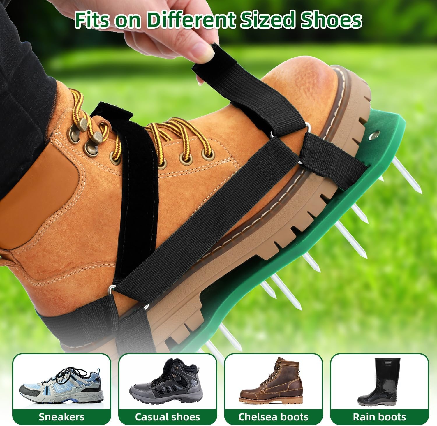 image:imageOhuhu Lawn Aerator Shoes with Stainless Steel Shovel FreeInstallation Aerating Shoe with HookampLoop Straps Heavy Duty OneSizeFitsAll Spiked Aerating Sandals for Garden Grassgreenblack