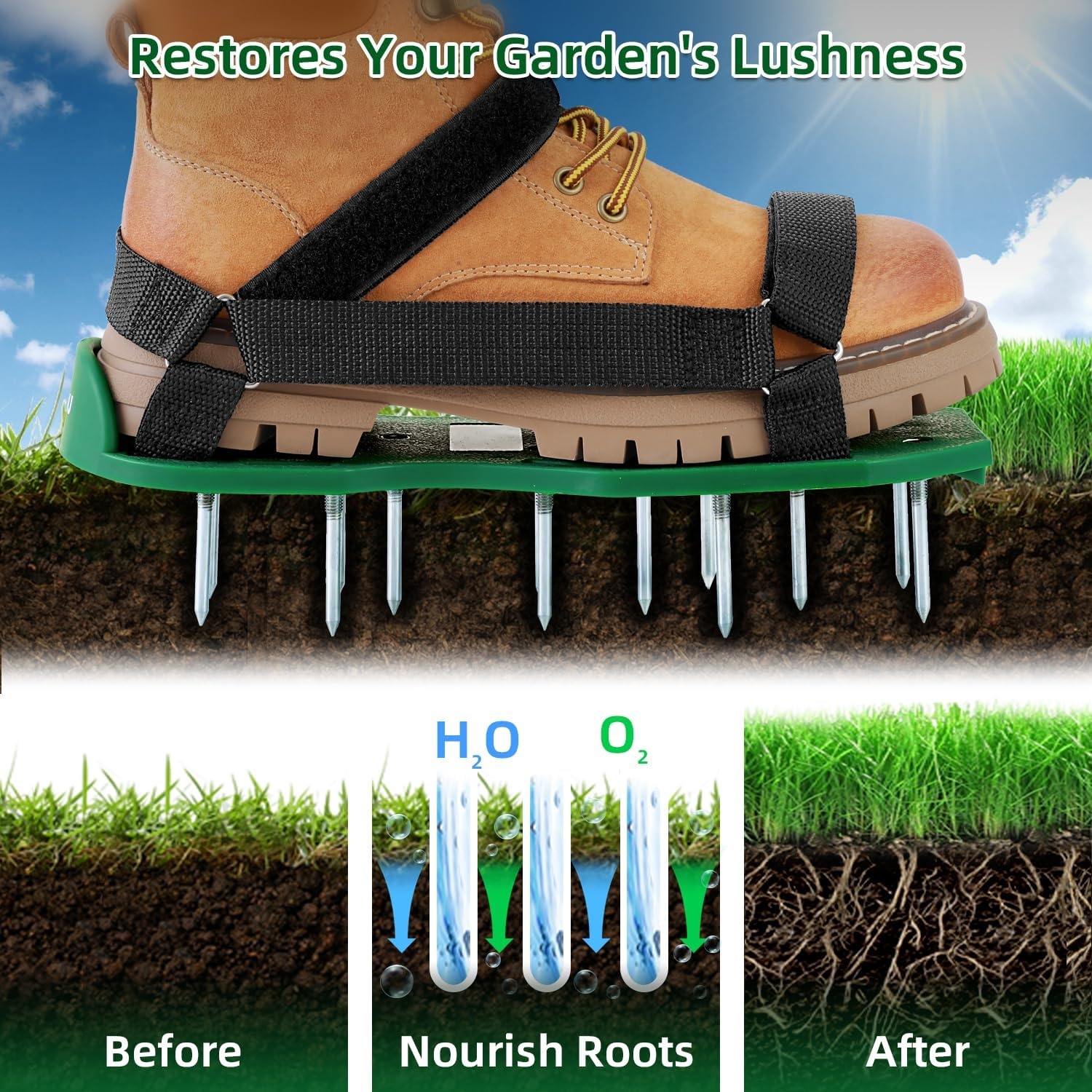 image:imageOhuhu Lawn Aerator Shoes with Stainless Steel Shovel FreeInstallation Aerating Shoe with HookampLoop Straps Heavy Duty OneSizeFitsAll Spiked Aerating Sandals for Garden Grassgreenblack