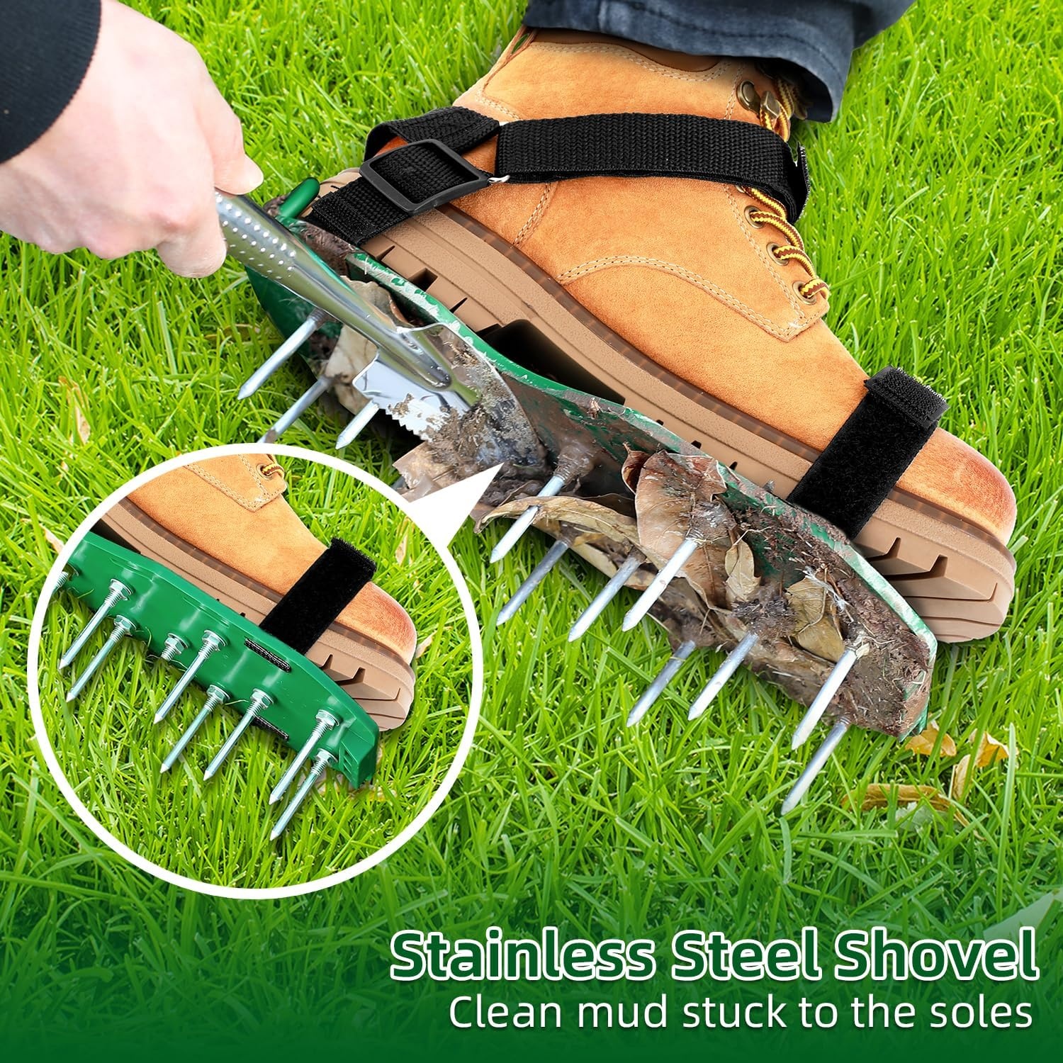 image:imageOhuhu Lawn Aerator Shoes with Stainless Steel Shovel FreeInstallation Aerating Shoe with HookampLoop Straps Heavy Duty OneSizeFitsAll Spiked Aerating Sandals for Garden Grassgreenblack