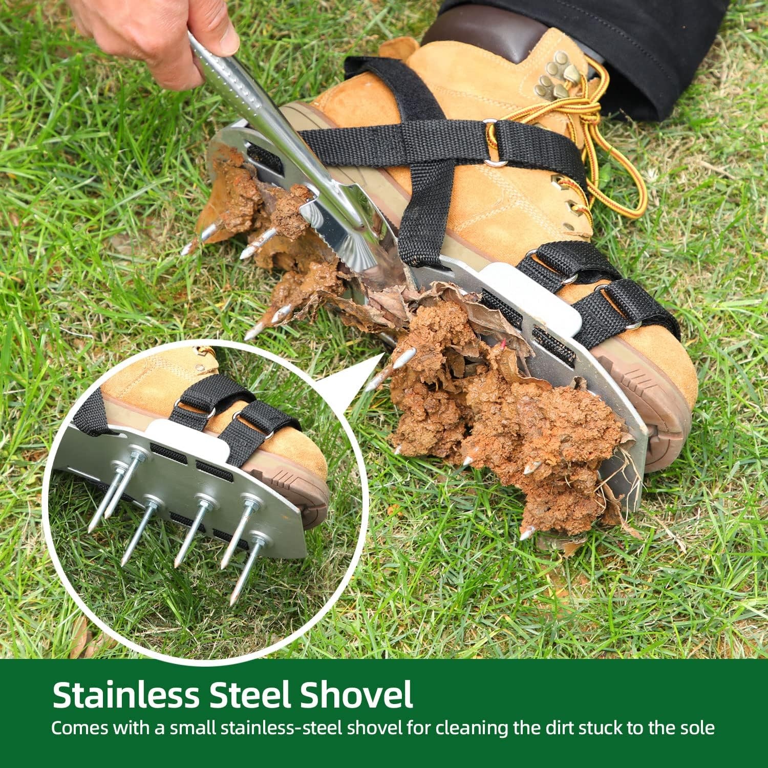 image:imageOhuhu Lawn Aerator Shoes with Stainless Steel Shovel FreeInstallation Aerating Shoe with HookampLoop Straps Heavy Duty OneSizeFitsAll Spiked Aerating Sandals for Garden GrassAluminum