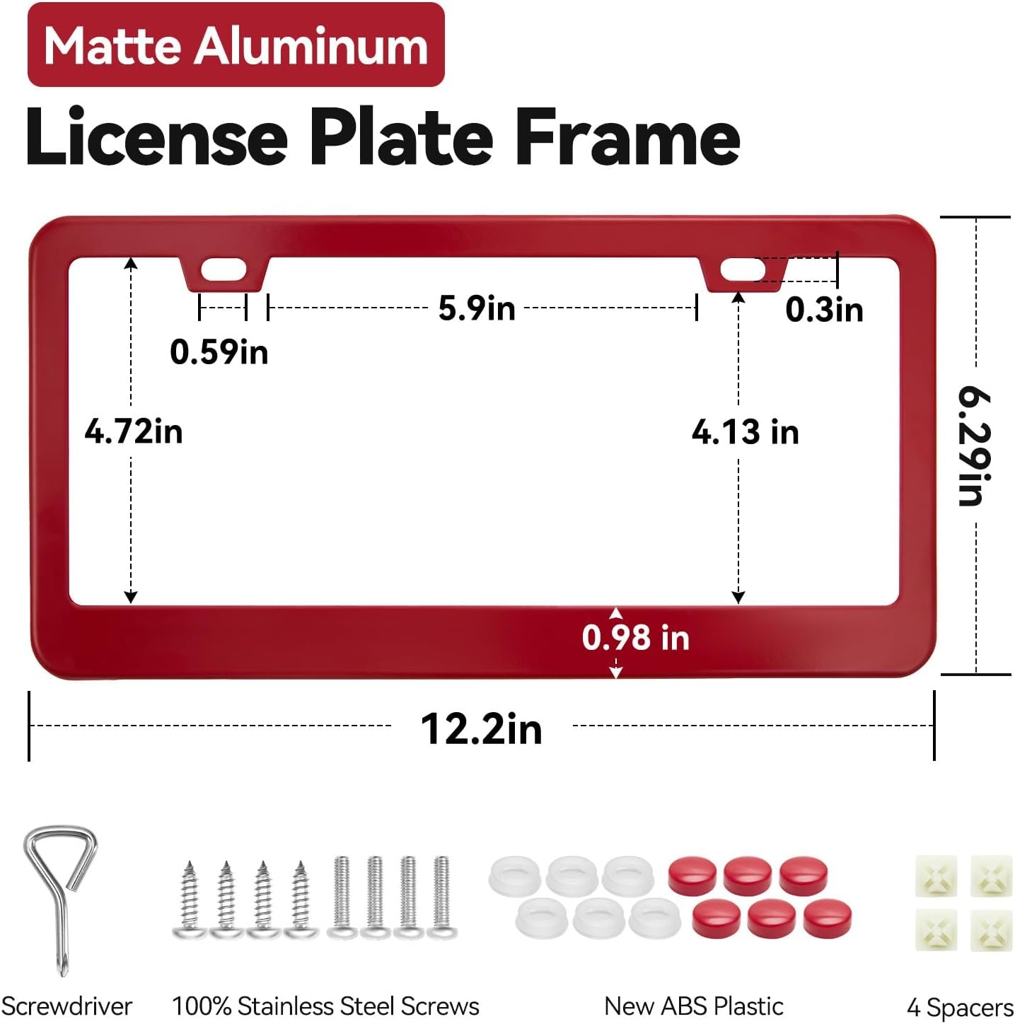 image:imageOhuhu License Plate Frames 2 Pcs 4 Holes Slim Stainless Steel Polish Mirror License Plate Frame Chrome Screw Caps SilverRed 2 Holes