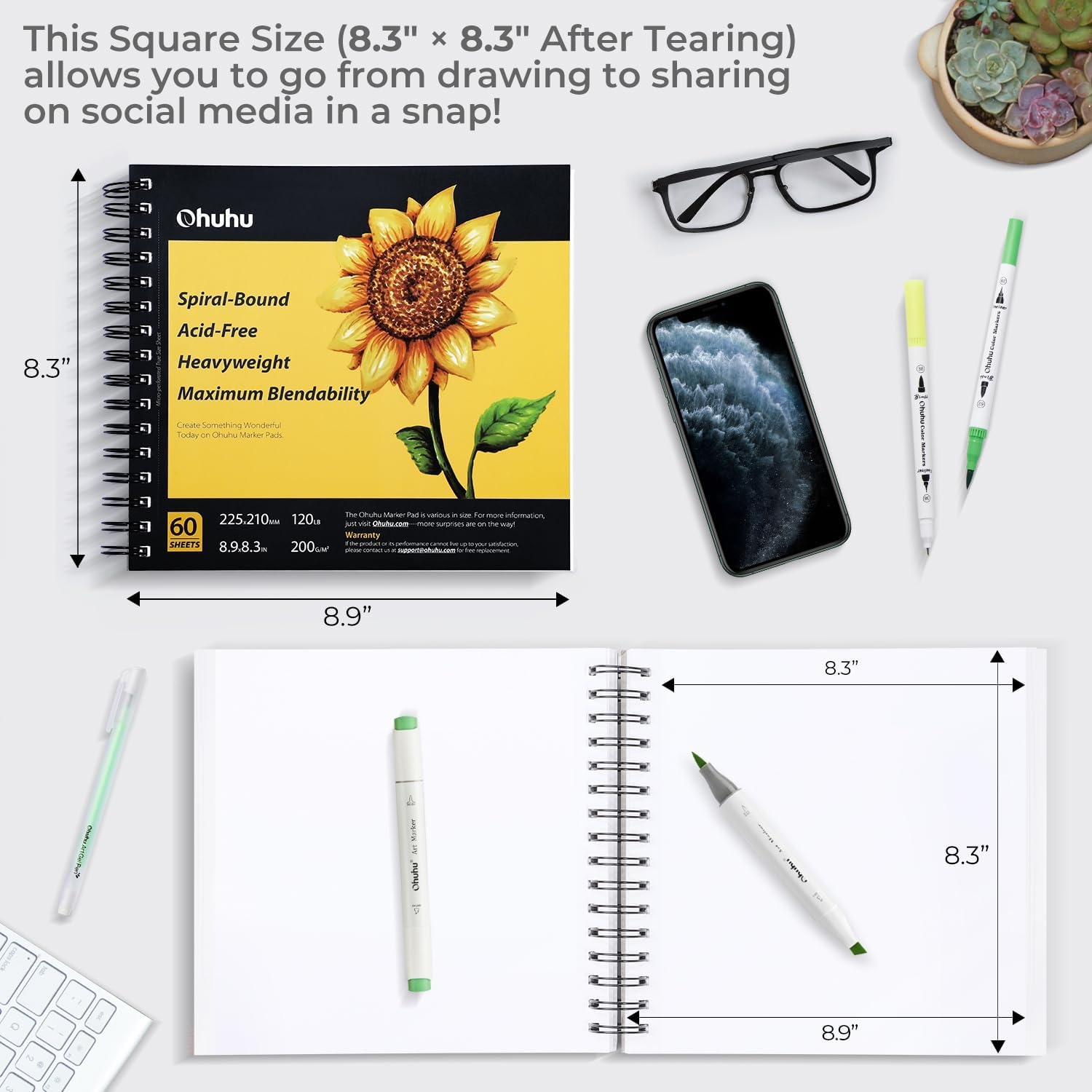 image:imageOhuhu Marker Pads Art Sketchbook 7x10 Large Paper Size 120 LB200 GSM Heavy Smooth Drawing Papers 60 Sheets120 Pages SpiralBound Sketch Book for Alcohol Markers Christmas Gift83 x 83