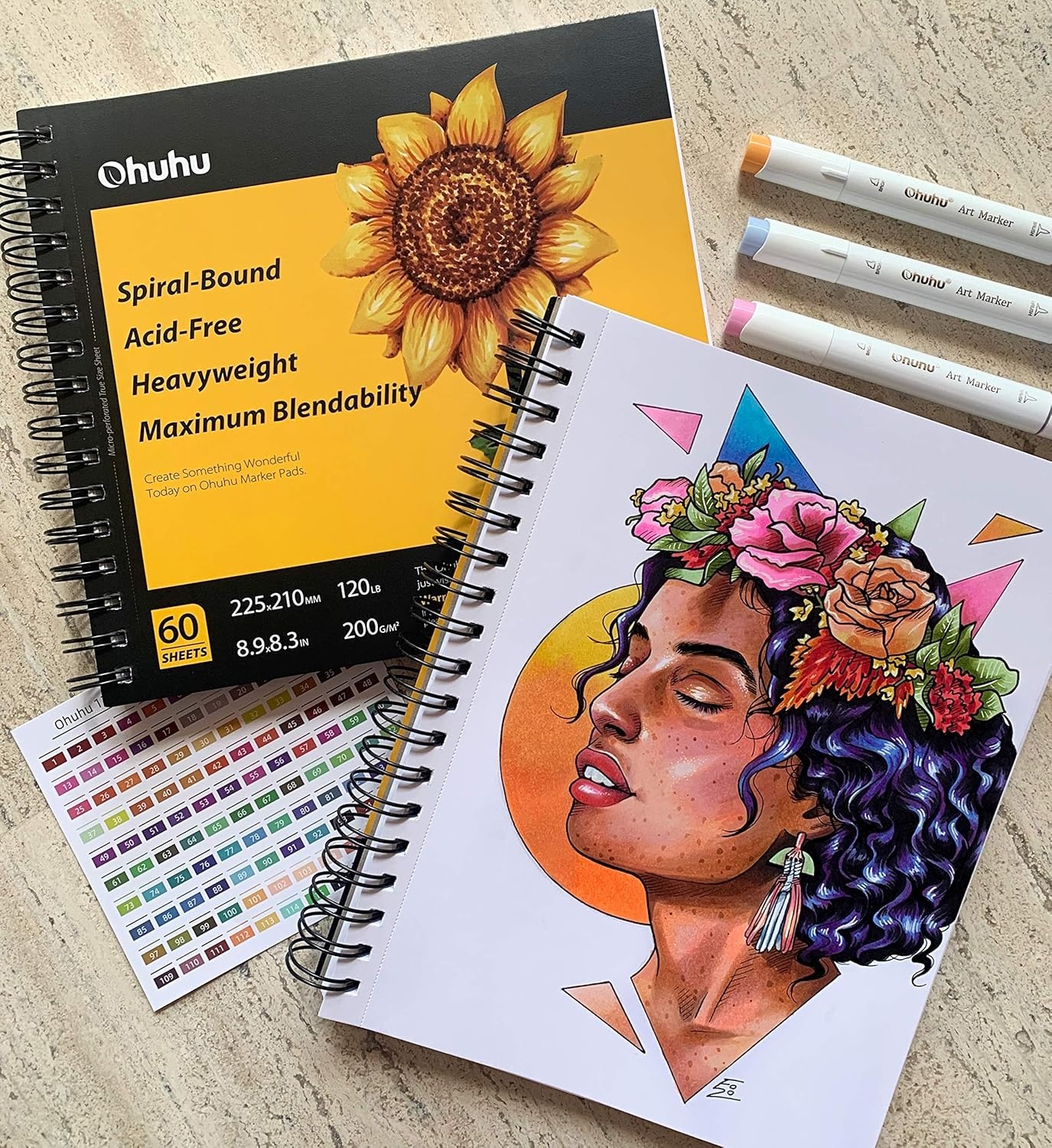 image:imageOhuhu Marker Pads Art Sketchbook 7x10 Large Paper Size 120 LB200 GSM Heavy Smooth Drawing Papers 60 Sheets120 Pages SpiralBound Sketch Book for Alcohol Markers Christmas Gift7 x 10