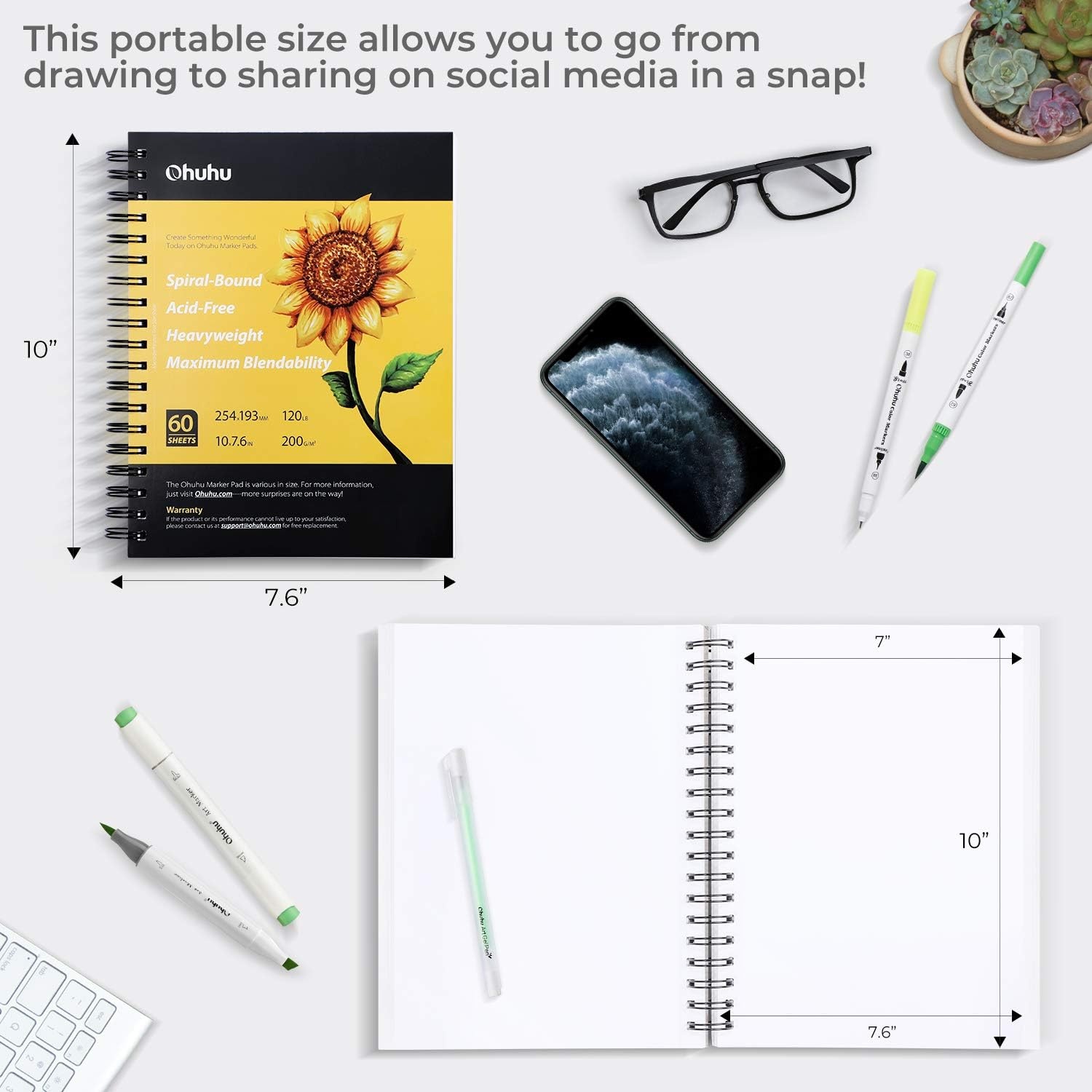 image:imageOhuhu Marker Pads Art Sketchbook 7x10 Large Paper Size 120 LB200 GSM Heavy Smooth Drawing Papers 60 Sheets120 Pages SpiralBound Sketch Book for Alcohol Markers Christmas Gift7 x 10
