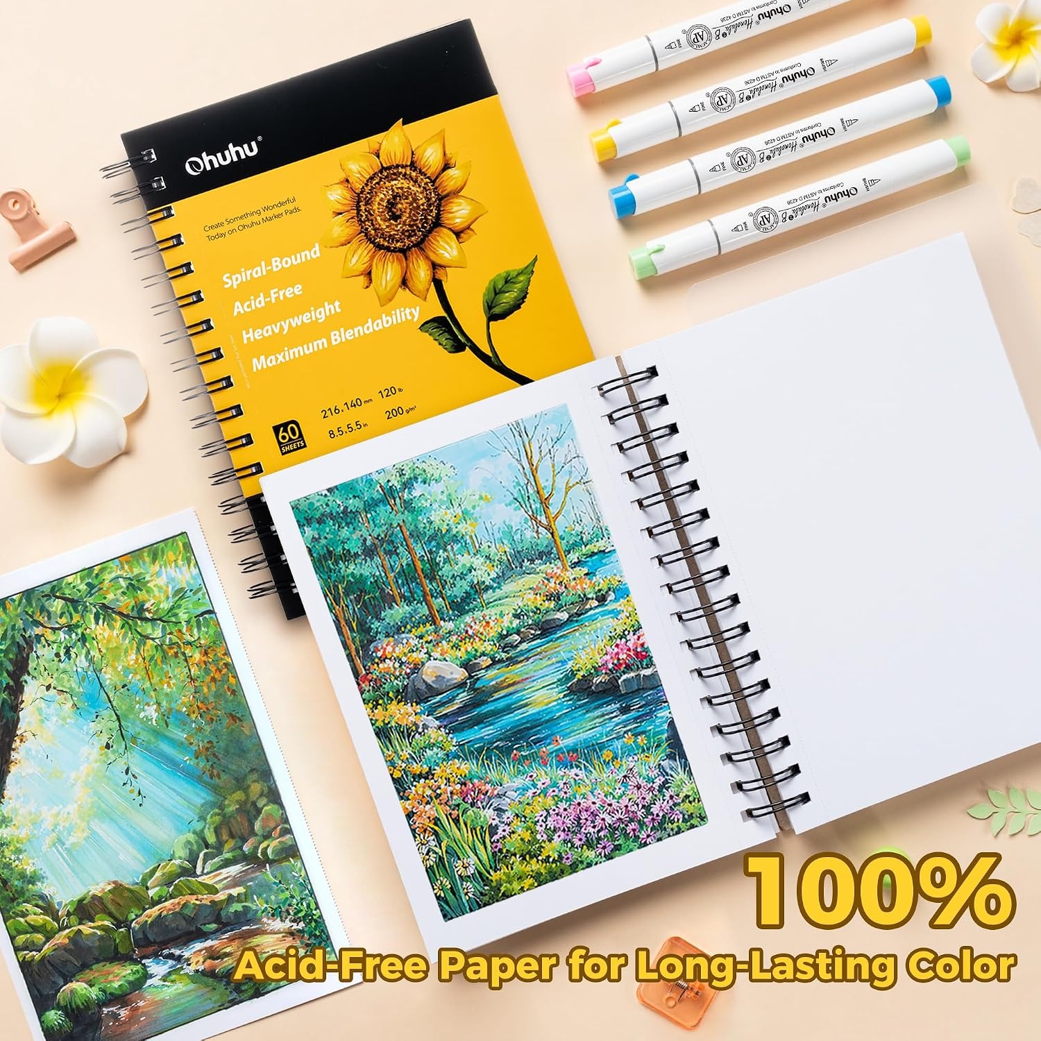 image:imageOhuhu Marker Pads Art Sketchbook 7x10 Large Paper Size 120 LB200 GSM Heavy Smooth Drawing Papers 60 Sheets120 Pages SpiralBound Sketch Book for Alcohol Markers Christmas Gift55 x 85