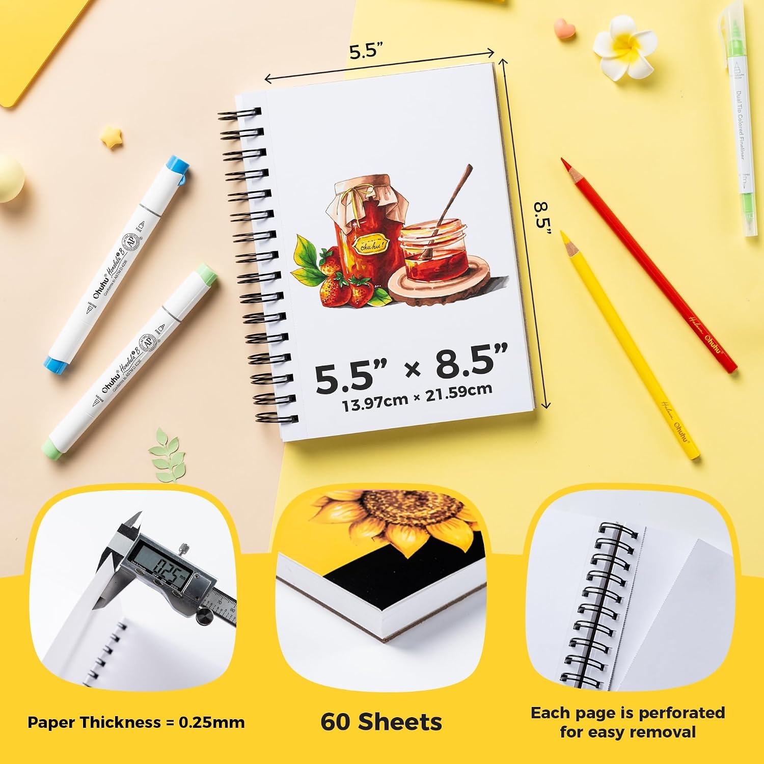 image:imageOhuhu Marker Pads Art Sketchbook 7x10 Large Paper Size 120 LB200 GSM Heavy Smooth Drawing Papers 60 Sheets120 Pages SpiralBound Sketch Book for Alcohol Markers Christmas Gift55 x 85
