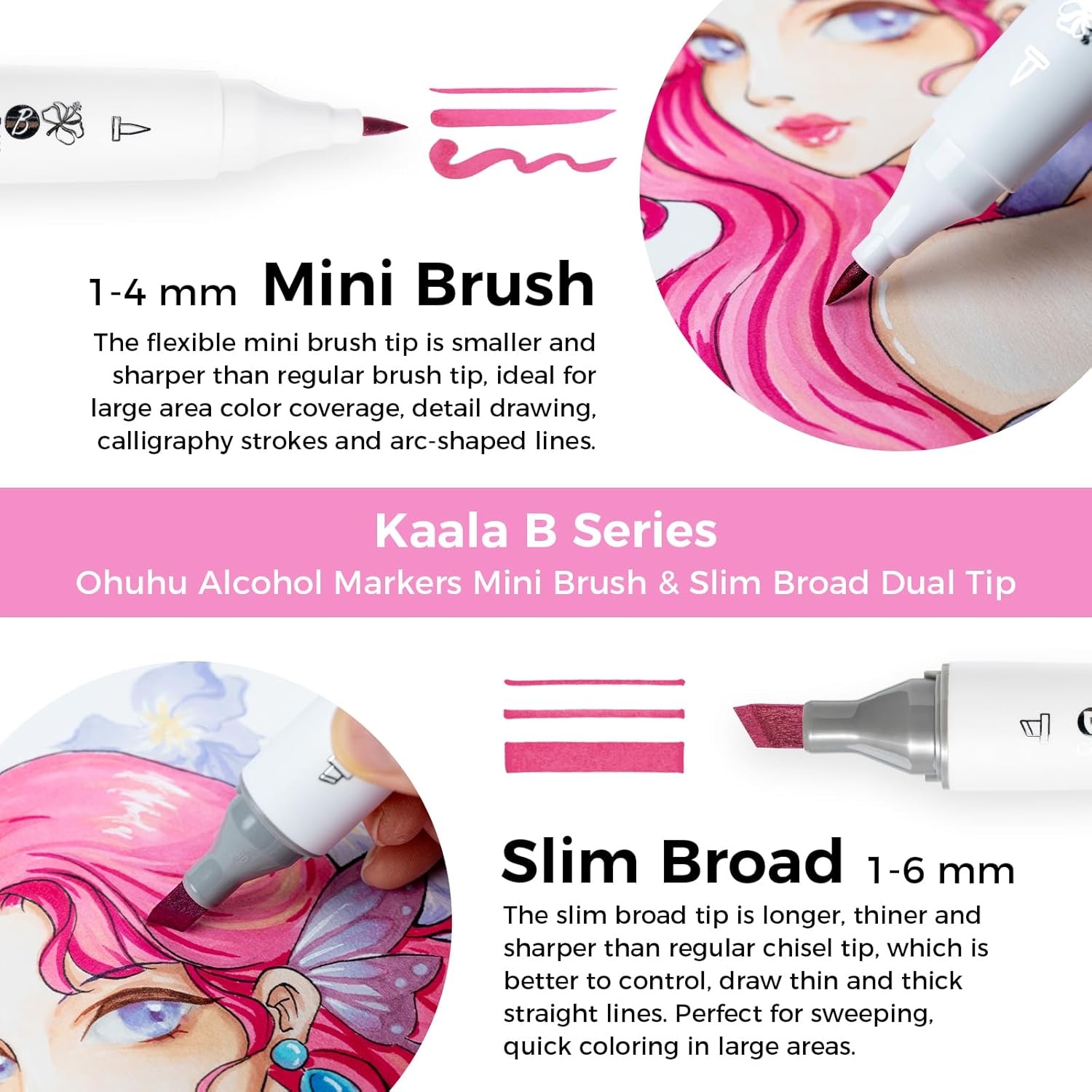 image:imageOhuhu Mini Brush Slim Broad Dual Tip Alcohol Markers Kaala B Series 6 Pack Alcohol Based No0 Blender