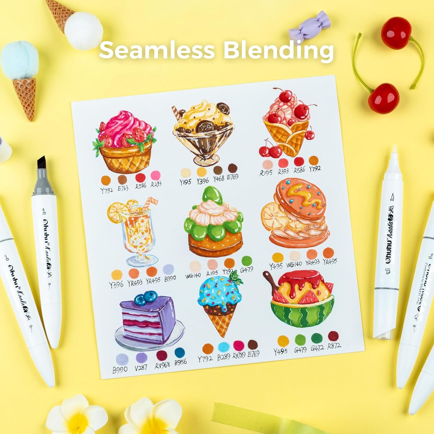image:imageOhuhu Mini Brush Slim Broad Dual Tip Alcohol Markers Kaala B Series 6 Pack Alcohol Based No0 Blender