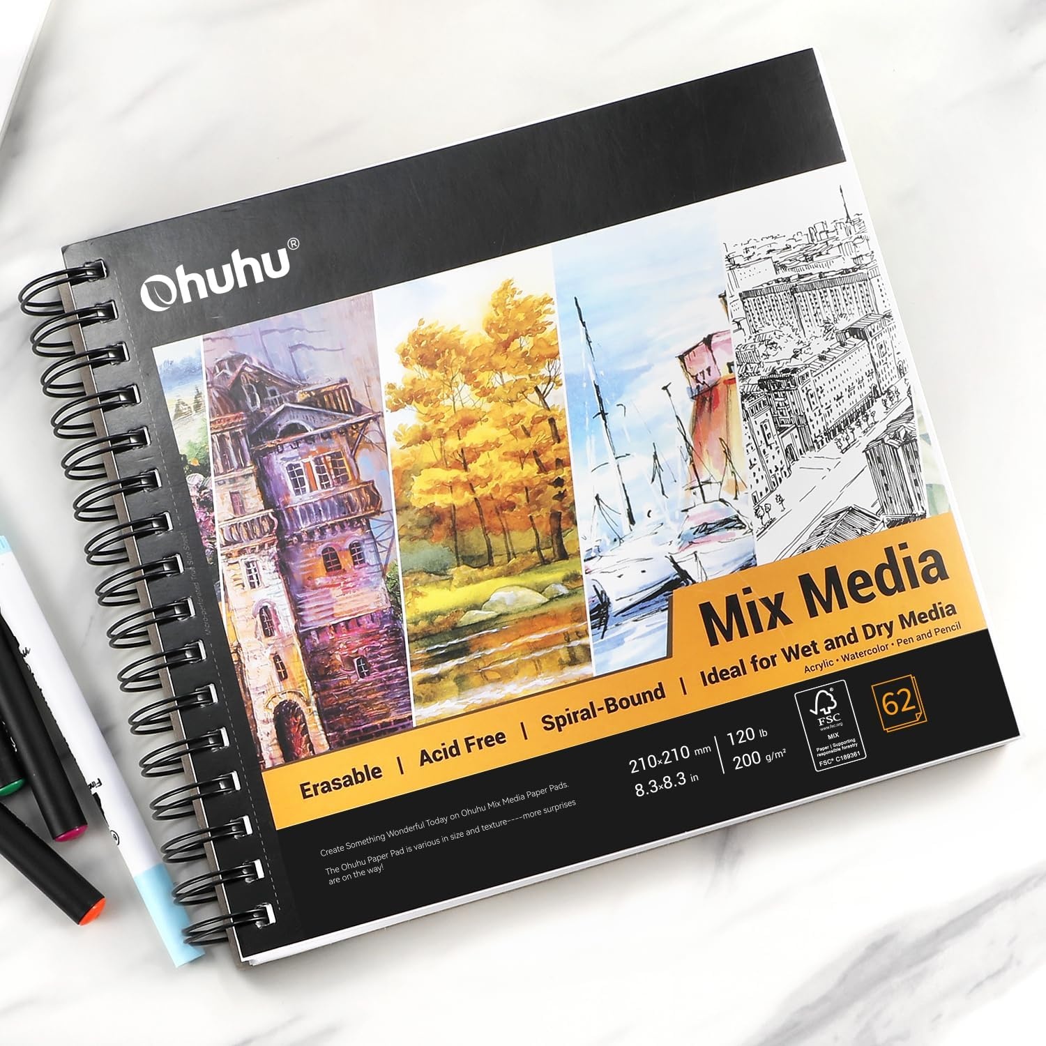 image:imageOhuhu Mix Media Pad 7 x 10 Mixed Media Art Sketchbook 120 LB200 GSM Heavyweight Papers 62 Sheets124 Pages Spiral Bound Mixed Media Paper Pad for Acrylic Painting Christmas Gift83 x 83