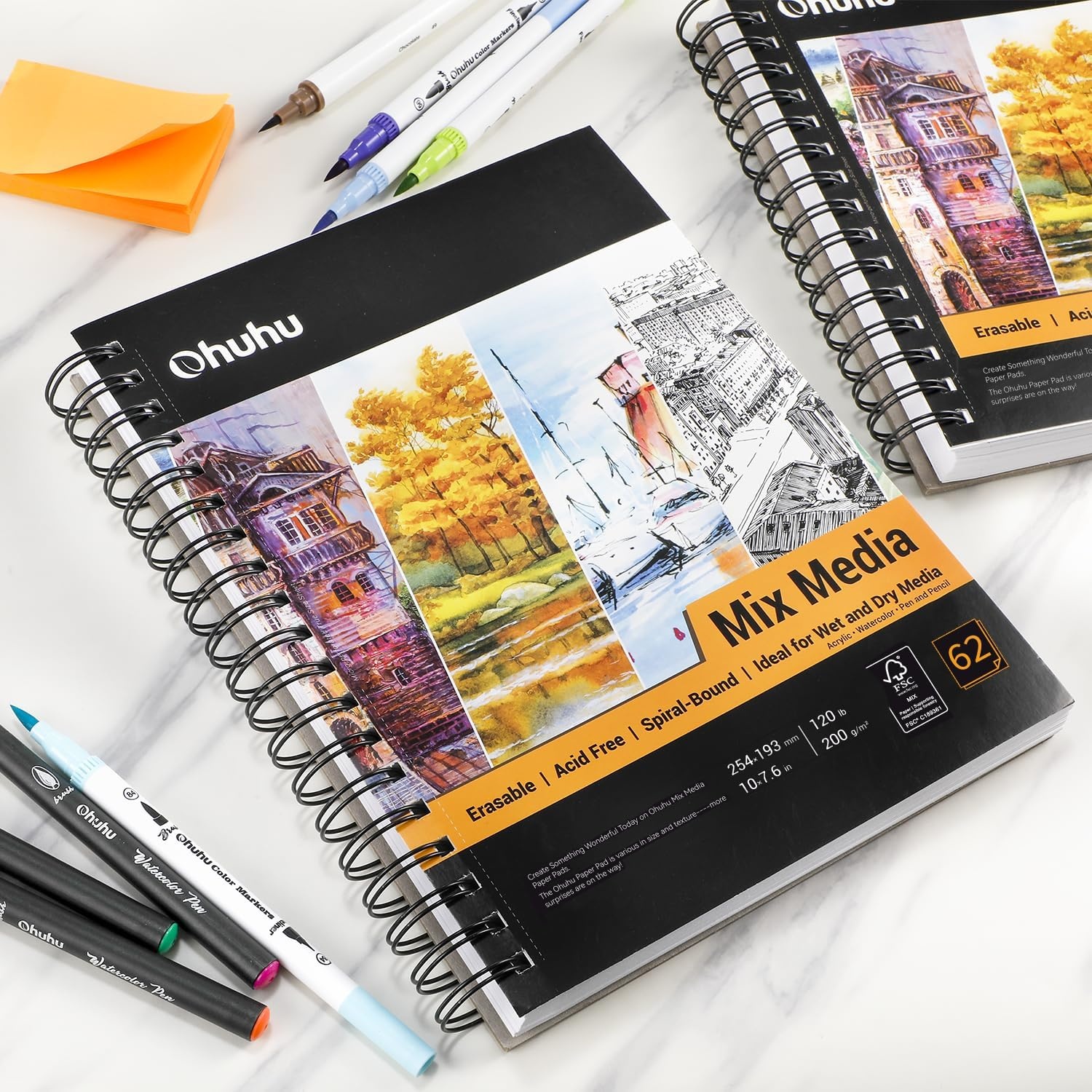 image:imageOhuhu Mix Media Pad 7 x 10 Mixed Media Art Sketchbook 120 LB200 GSM Heavyweight Papers 62 Sheets124 Pages Spiral Bound Mixed Media Paper Pad for Acrylic Painting Christmas Gift7 x 10