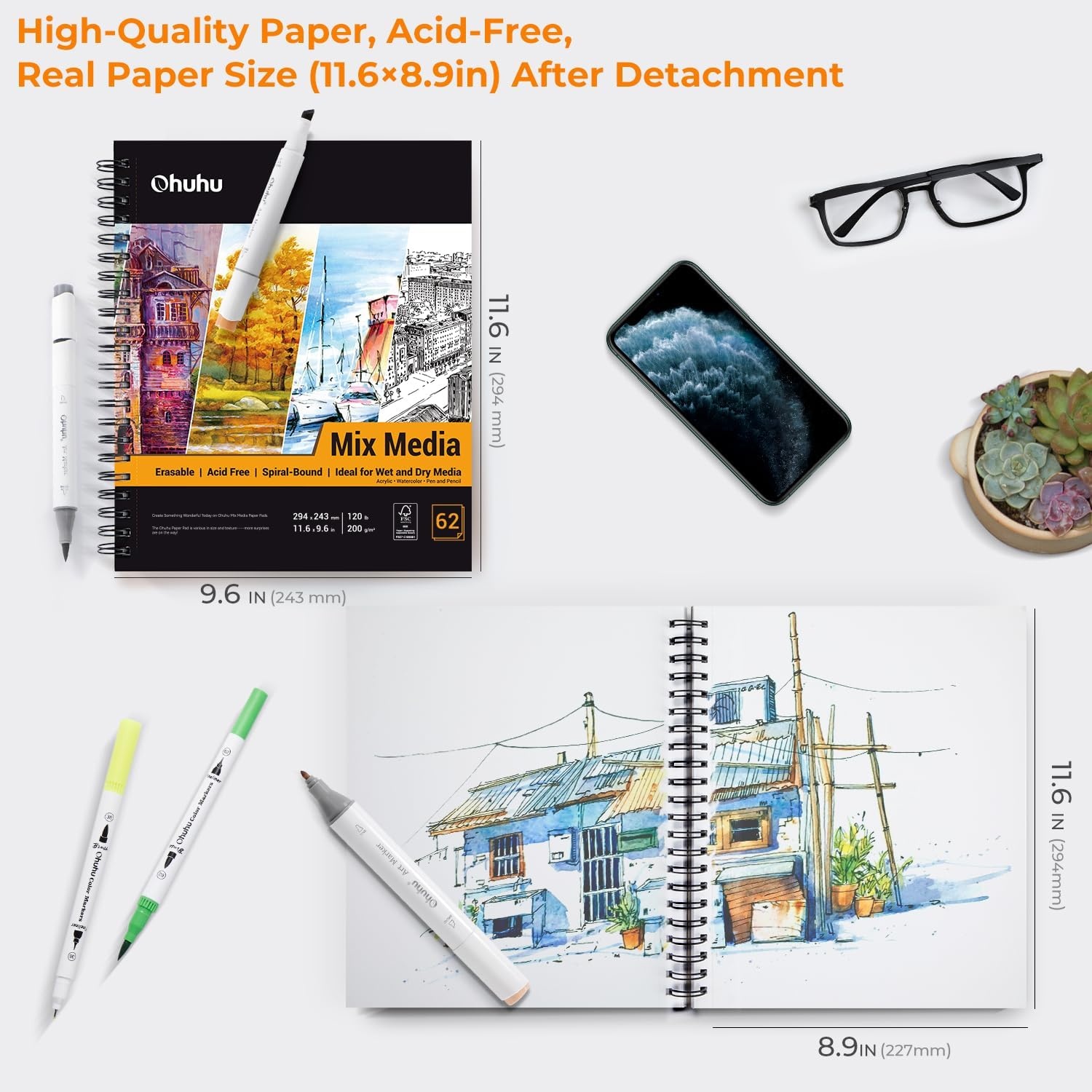 image:imageOhuhu Mix Media Pad 7 x 10 Mixed Media Art Sketchbook 120 LB200 GSM Heavyweight Papers 62 Sheets124 Pages Spiral Bound Mixed Media Paper Pad for Acrylic Painting Christmas Gift88 x 116