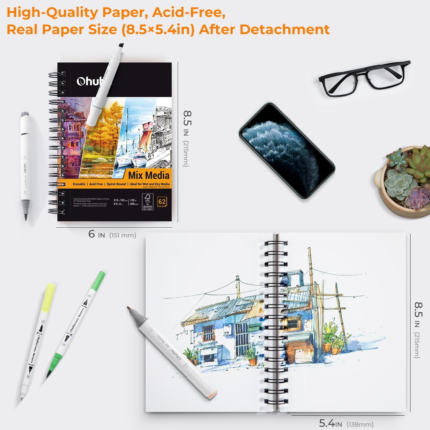 image:imageOhuhu Mix Media Pad 7 x 10 Mixed Media Art Sketchbook 120 LB200 GSM Heavyweight Papers 62 Sheets124 Pages Spiral Bound Mixed Media Paper Pad for Acrylic Painting Christmas Gift55 x 85