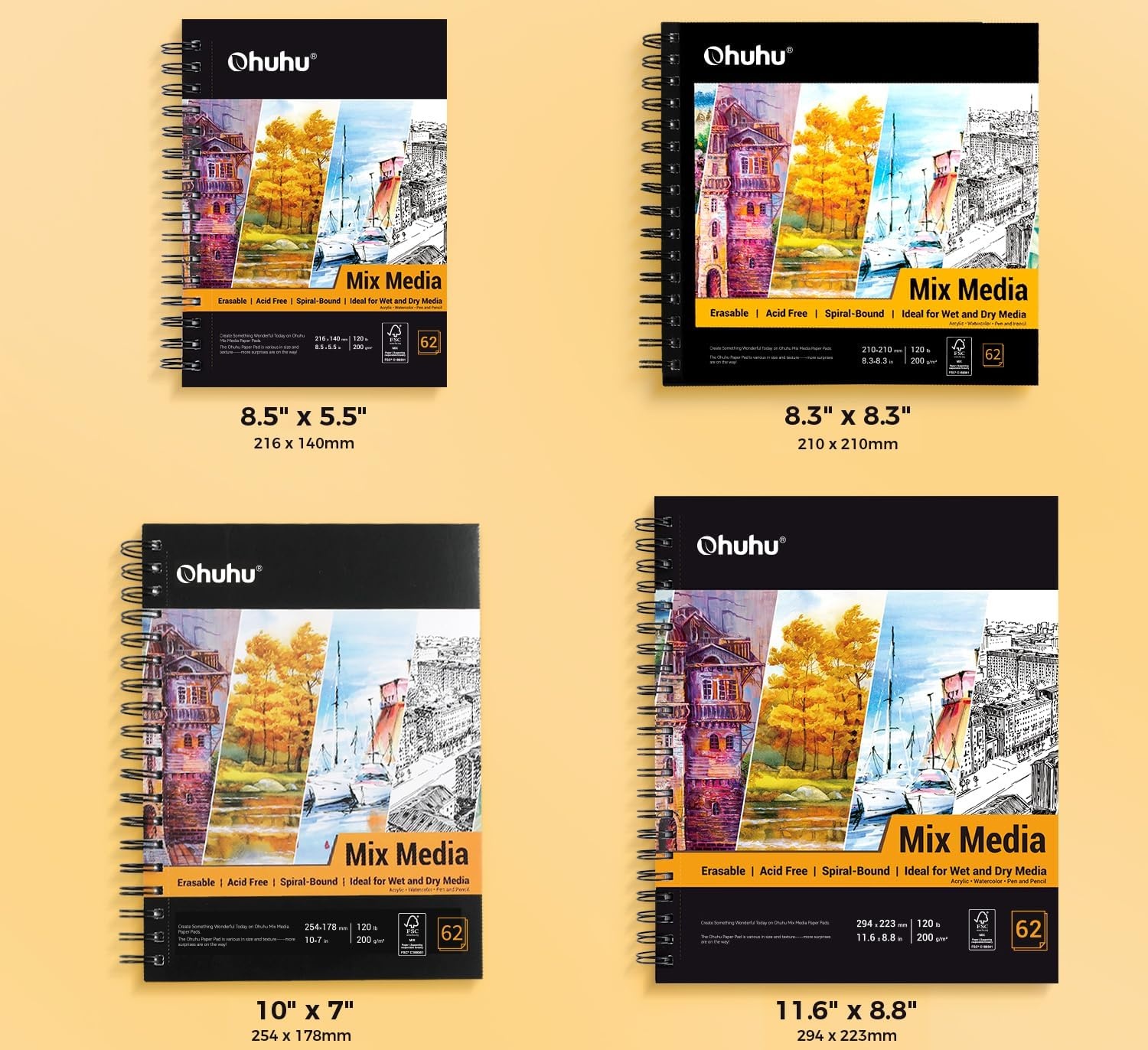 image:imageOhuhu Mix Media Pad 7 x 10 Mixed Media Art Sketchbook 120 LB200 GSM Heavyweight Papers 62 Sheets124 Pages Spiral Bound Mixed Media Paper Pad for Acrylic Painting Christmas Gift83 x 83