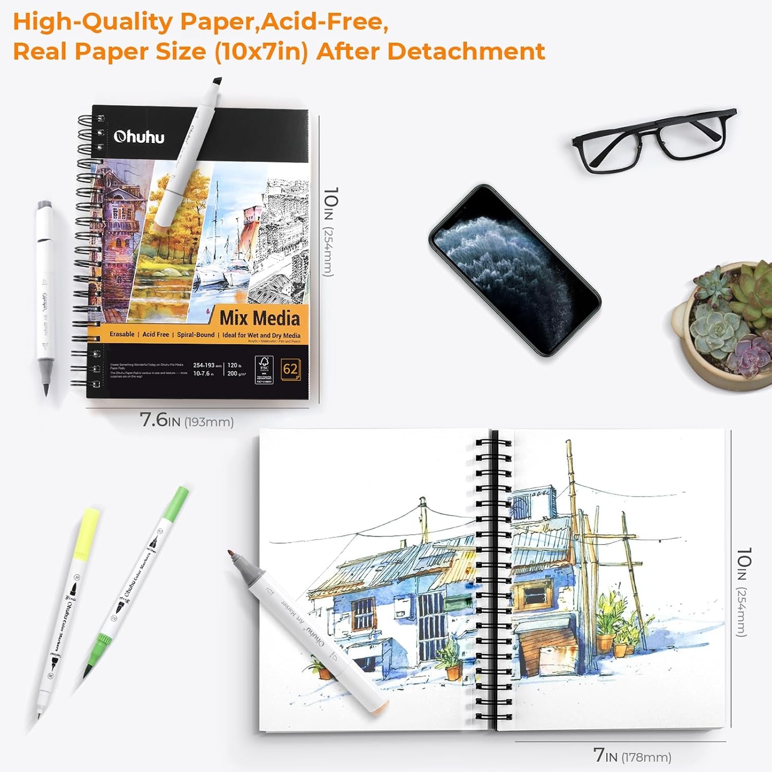 image:imageOhuhu Mix Media Pad 7 x 10 Mixed Media Art Sketchbook 120 LB200 GSM Heavyweight Papers 62 Sheets124 Pages Spiral Bound Mixed Media Paper Pad for Acrylic Painting Christmas Gift7 x 10