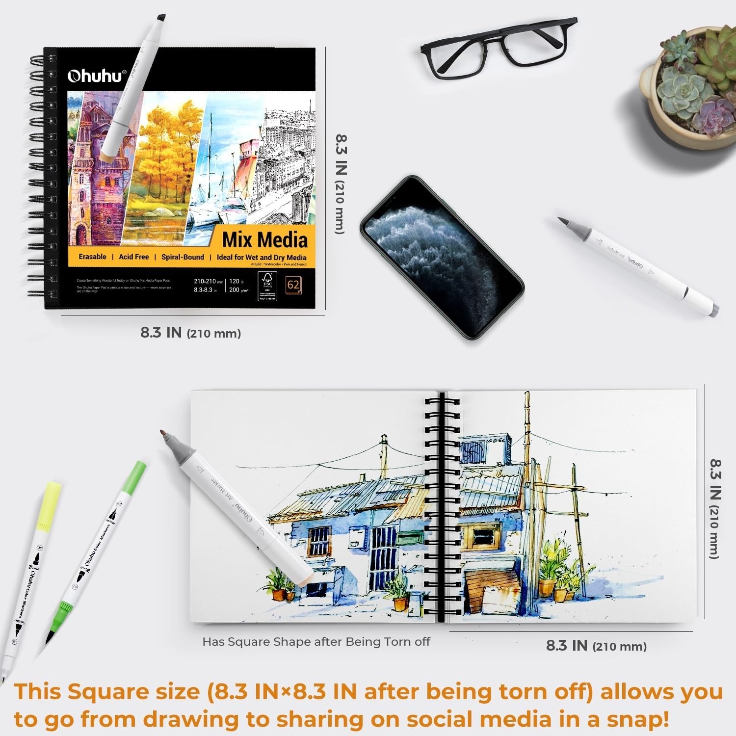 image:imageOhuhu Mix Media Pad 7 x 10 Mixed Media Art Sketchbook 120 LB200 GSM Heavyweight Papers 62 Sheets124 Pages Spiral Bound Mixed Media Paper Pad for Acrylic Painting Christmas Gift83 x 83