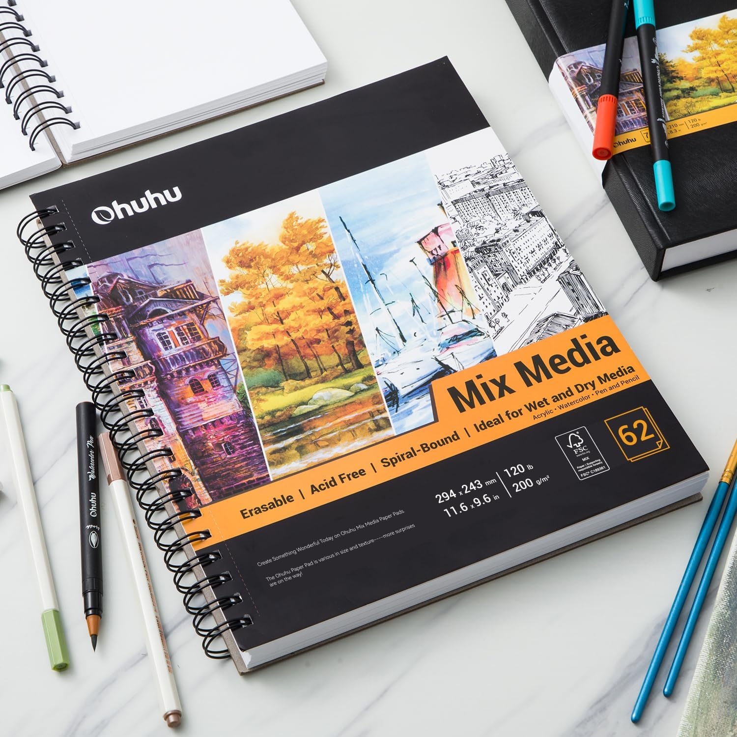 image:imageOhuhu Mix Media Pad 7 x 10 Mixed Media Art Sketchbook 120 LB200 GSM Heavyweight Papers 62 Sheets124 Pages Spiral Bound Mixed Media Paper Pad for Acrylic Painting Christmas Gift88 x 116