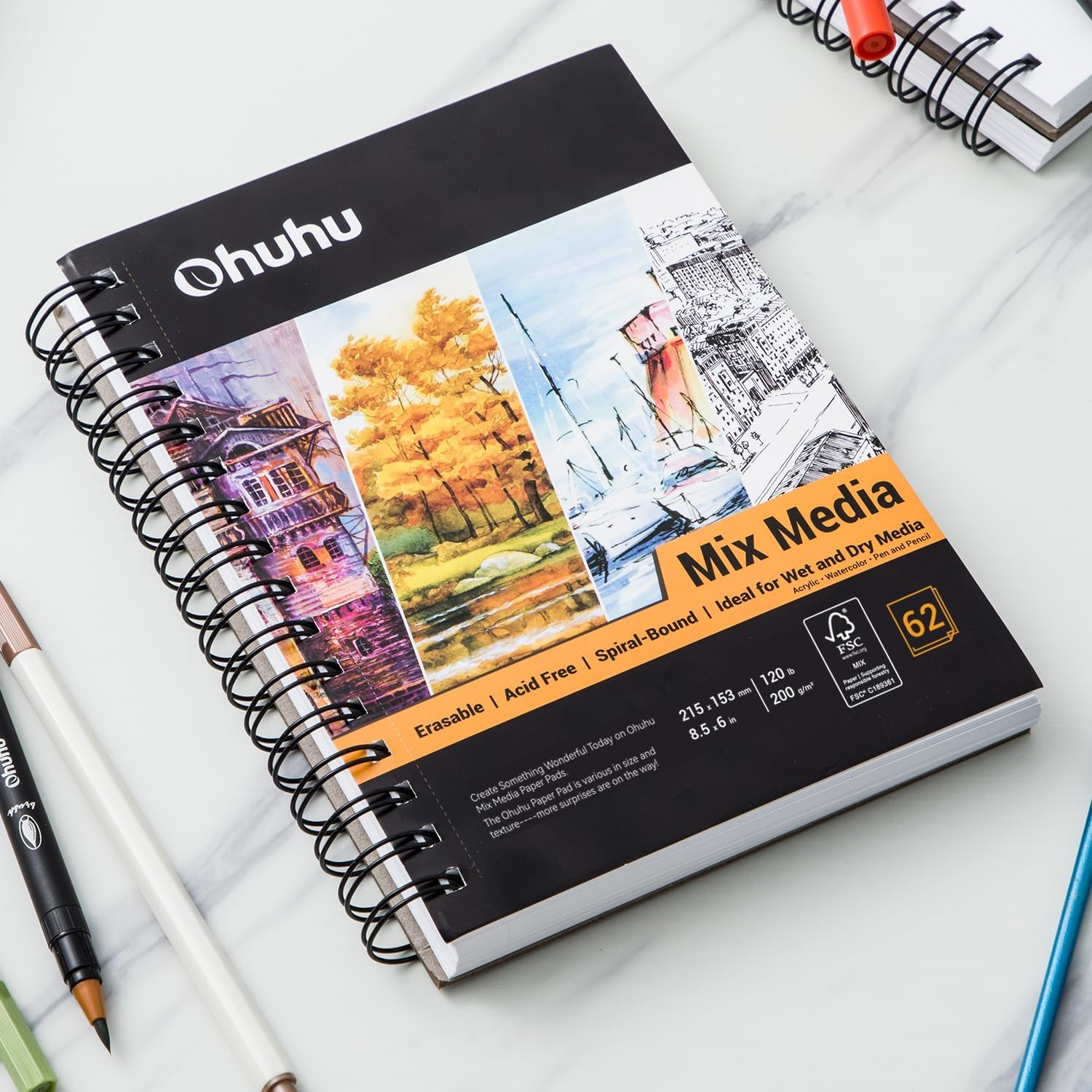 image:imageOhuhu Mix Media Pad 7 x 10 Mixed Media Art Sketchbook 120 LB200 GSM Heavyweight Papers 62 Sheets124 Pages Spiral Bound Mixed Media Paper Pad for Acrylic Painting Christmas Gift55 x 85
