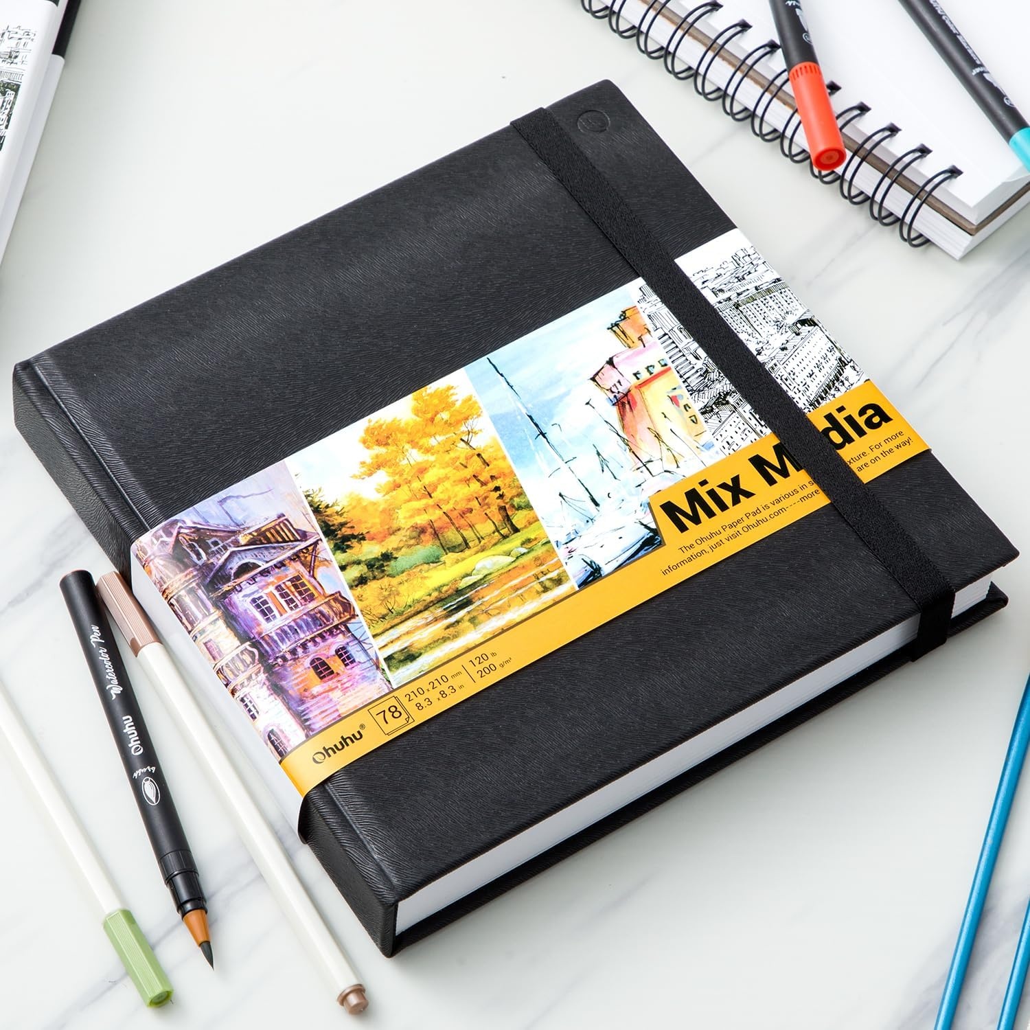image:imageOhuhu Mixed Media Pad 83 x 83 Square Mix Media Sketchbook 120 LB200 GSM Heavyweight Papers 78 Sheets156 Pages PU Hardcover MultiMedia Paper Pad for Acrylic Painting Christmas Gift83 x 83