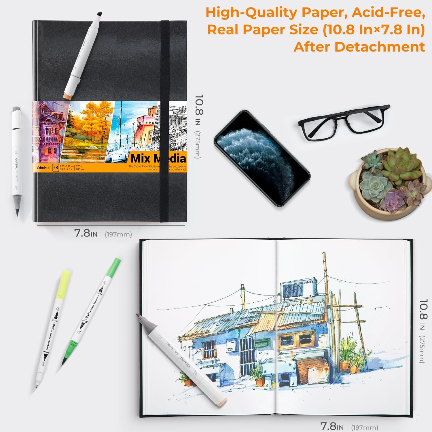 image:imageOhuhu Mixed Media Pad 83 x 83 Square Mix Media Sketchbook 120 LB200 GSM Heavyweight Papers 78 Sheets156 Pages PU Hardcover MultiMedia Paper Pad for Acrylic Painting Christmas Gift108 78