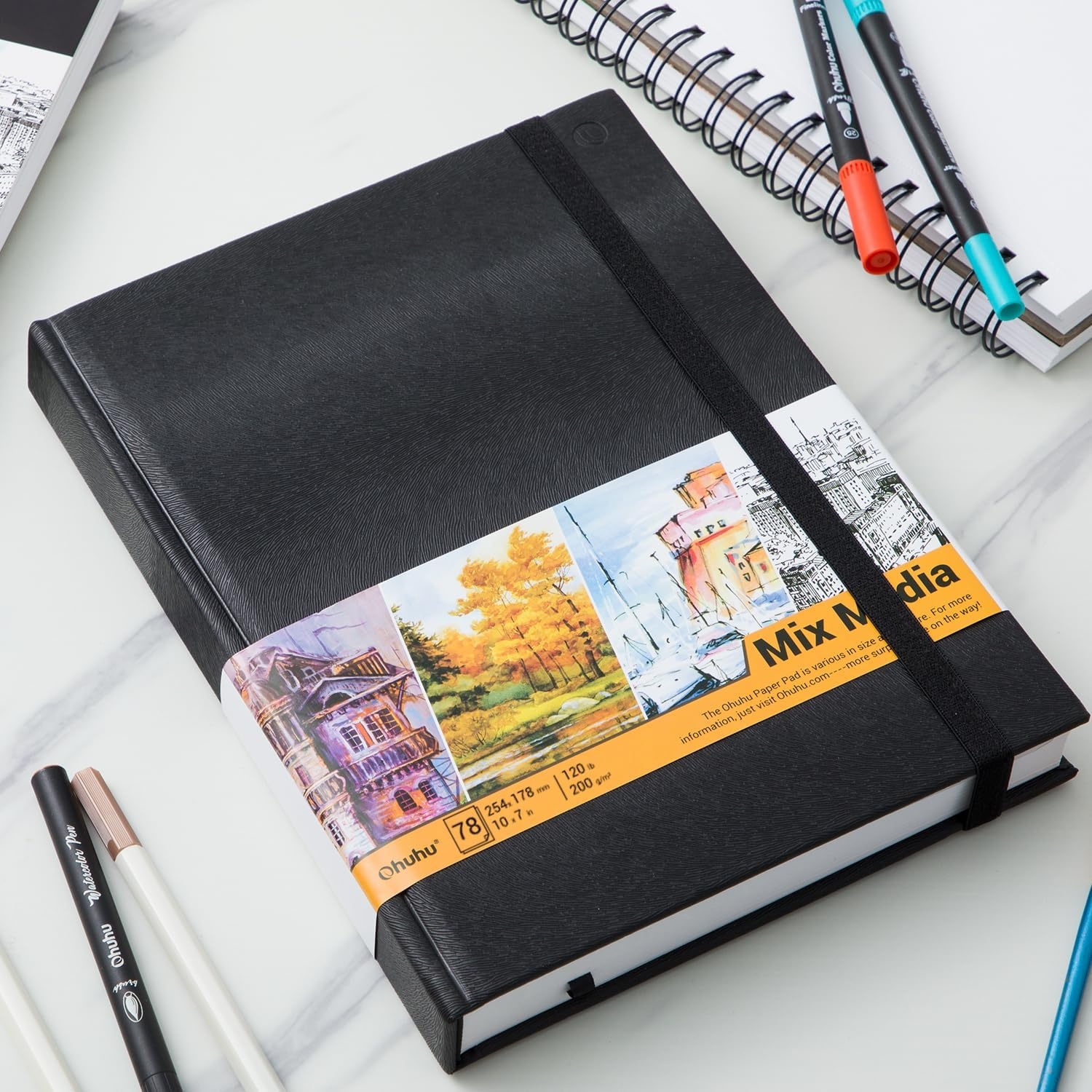 image:imageOhuhu Mixed Media Pad 83 x 83 Square Mix Media Sketchbook 120 LB200 GSM Heavyweight Papers 78 Sheets156 Pages PU Hardcover MultiMedia Paper Pad for Acrylic Painting Christmas Gift10 x 7